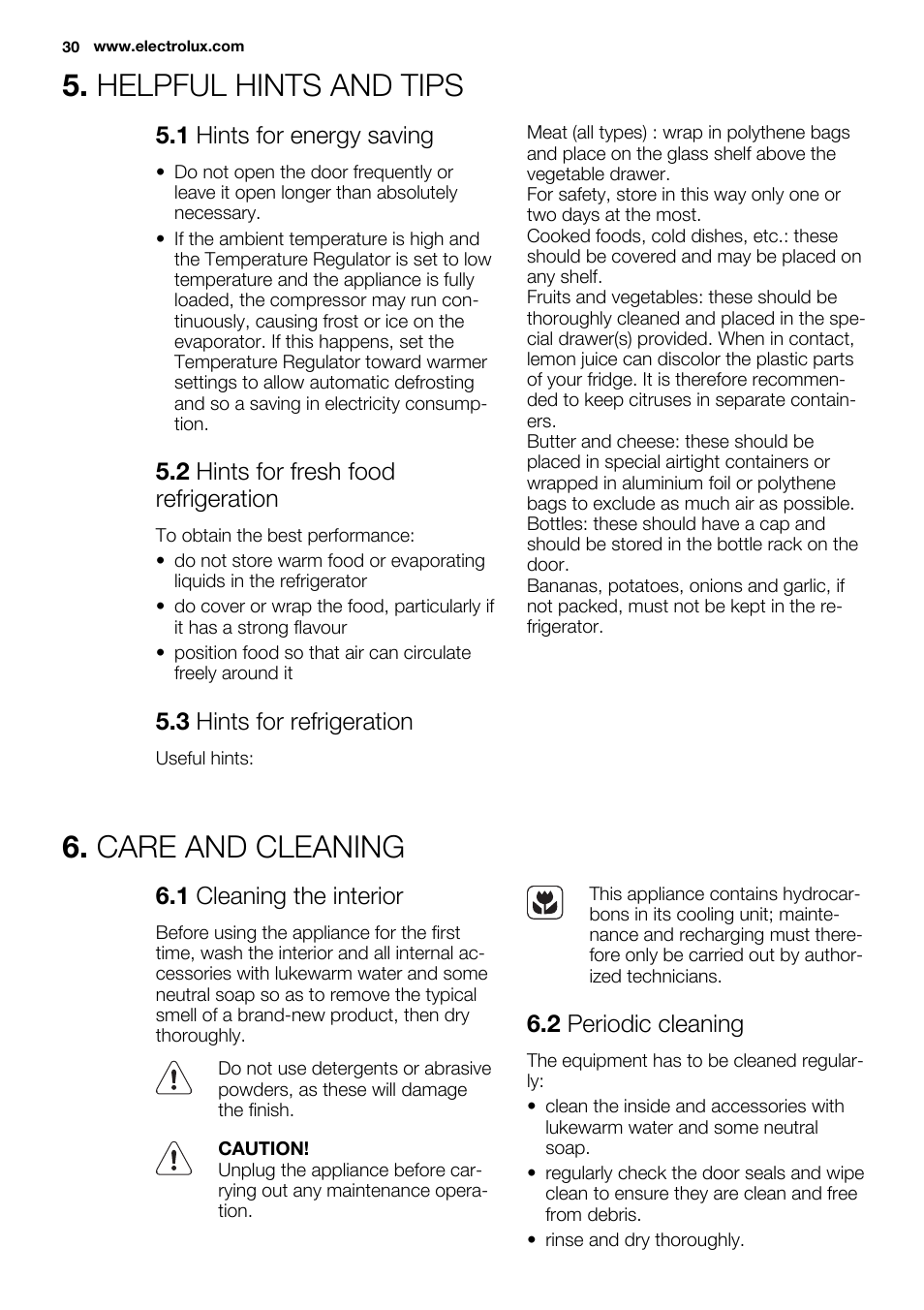 Helpful hints and tips, Care and cleaning | Electrolux ERF4112AOW User Manual | Page 30 / 80