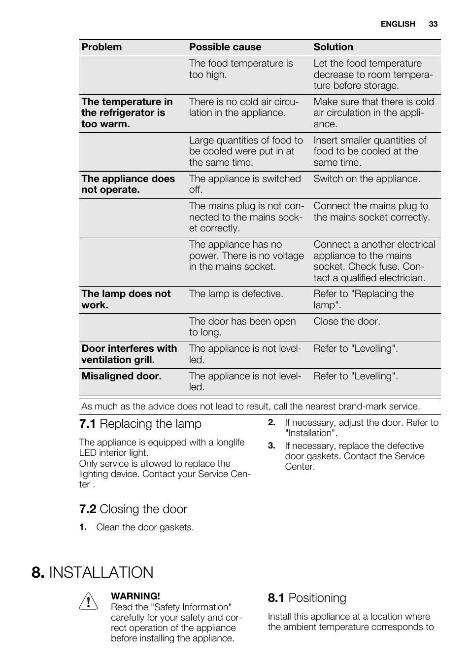 Installation, 1 replacing the lamp, 2 closing the door | 1 positioning | Electrolux ERF4112AOW User Manual | Page 33 / 80