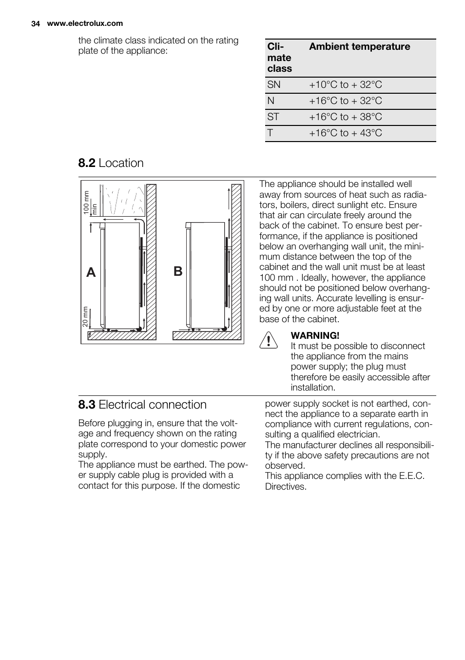 2 location, 3 electrical connection | Electrolux ERF4112AOW User Manual | Page 34 / 80