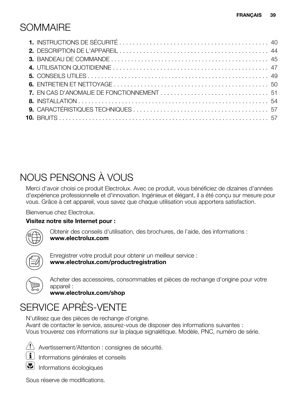 Sommaire, Nous pensons à vous, Service après-vente | Electrolux ERF4112AOW User Manual | Page 39 / 80