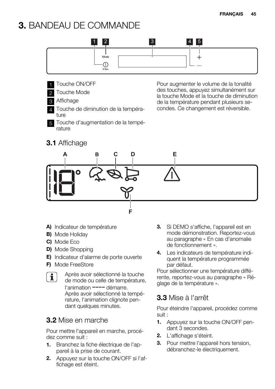 Bandeau de commande, 1 affichage, 2 mise en marche | 3 mise à l'arrêt | Electrolux ERF4112AOW User Manual | Page 45 / 80