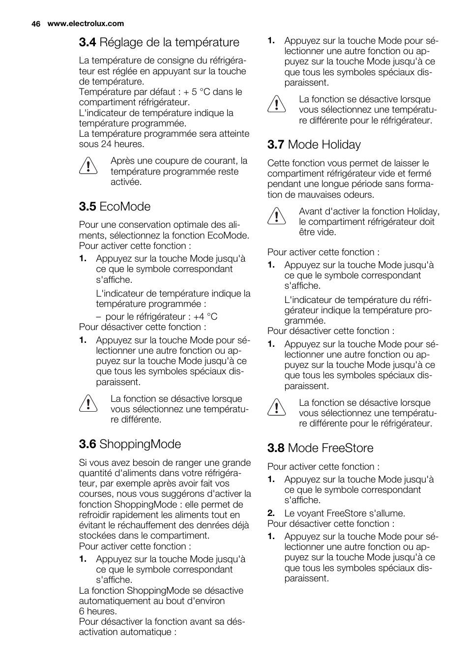 4 réglage de la température, 5 ecomode, 6 shoppingmode | 7 mode holiday, 8 mode freestore | Electrolux ERF4112AOW User Manual | Page 46 / 80