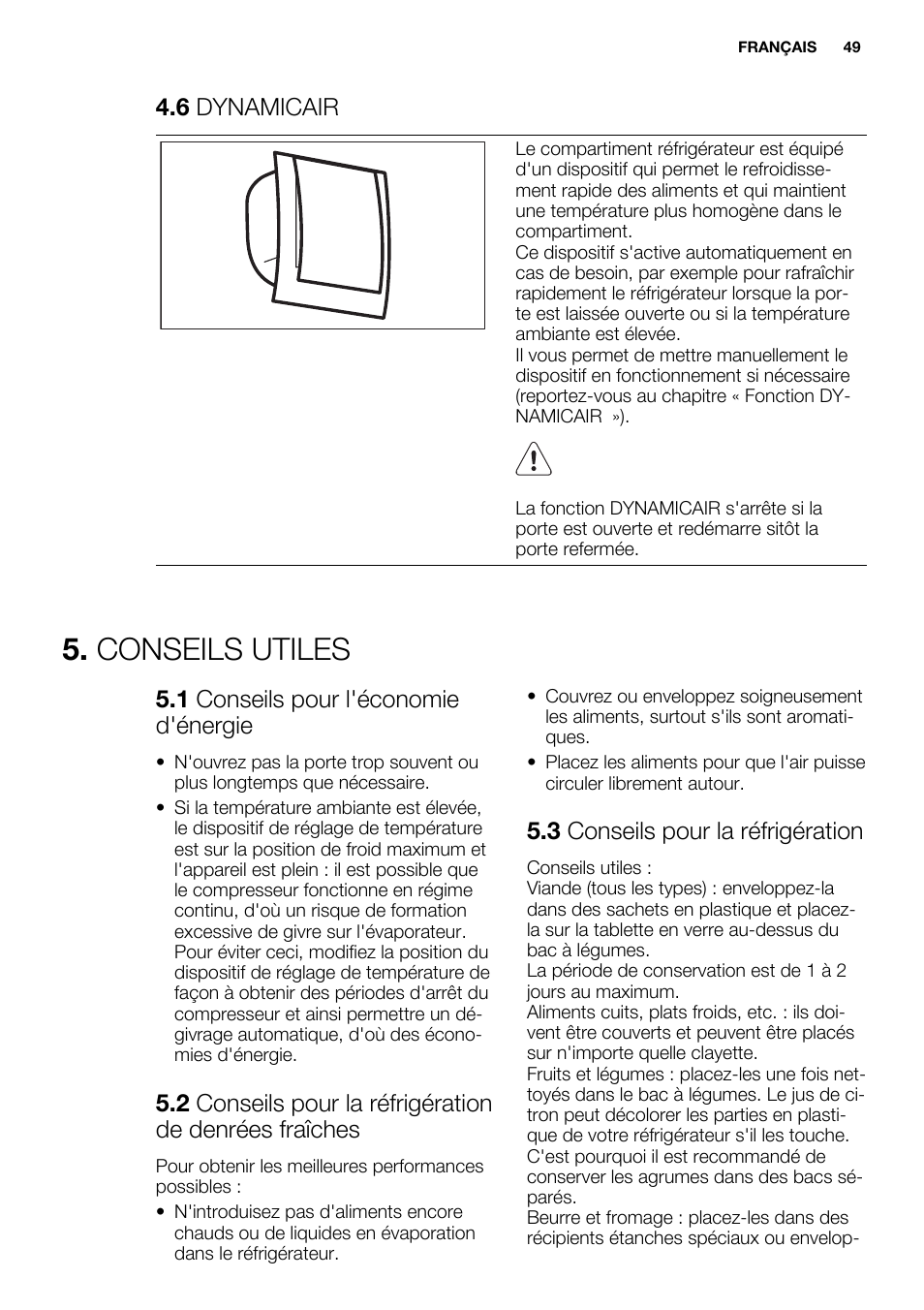 Conseils utiles, 6 dynamicair, 1 conseils pour l'économie d'énergie | 3 conseils pour la réfrigération | Electrolux ERF4112AOW User Manual | Page 49 / 80