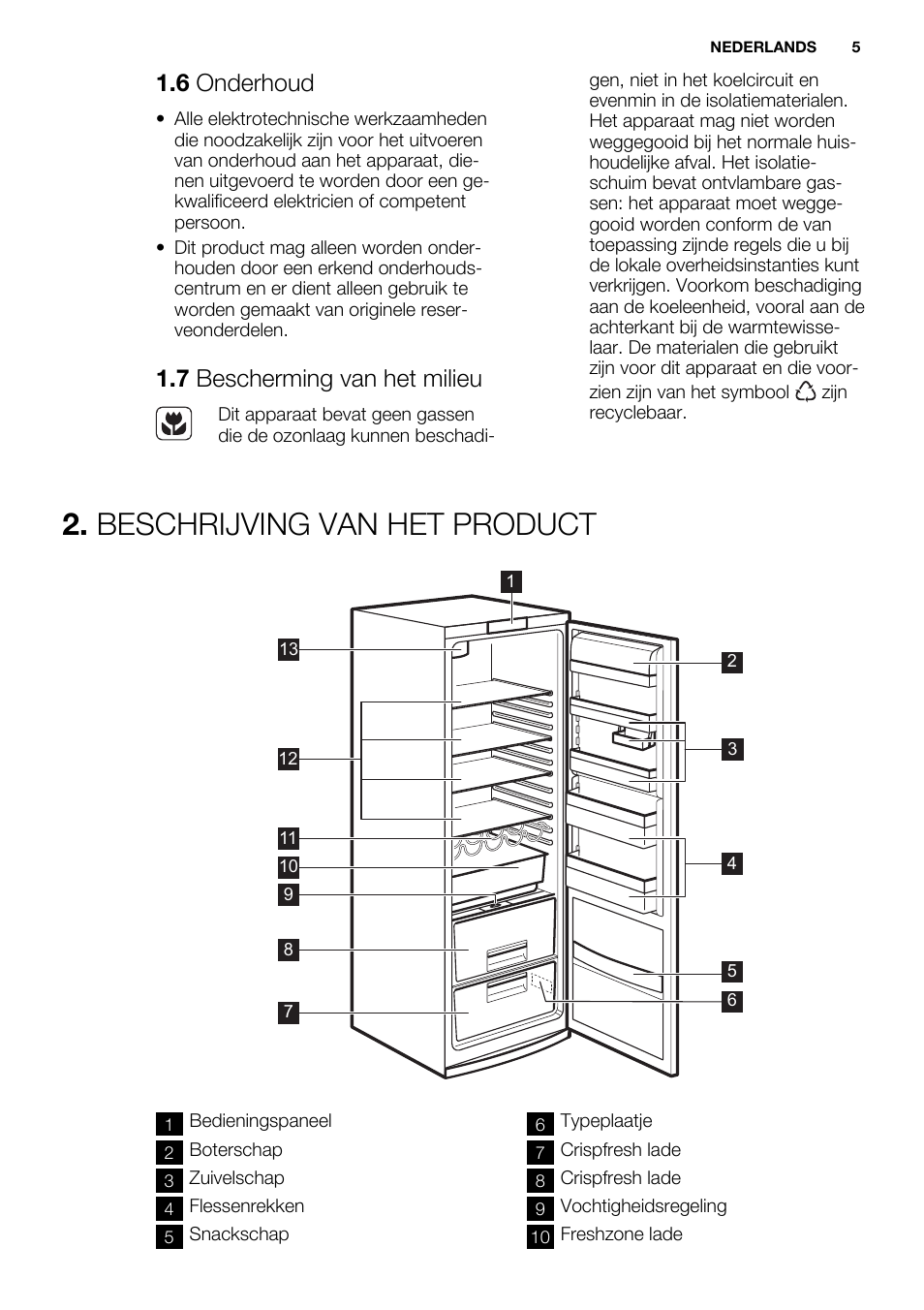 Beschrijving van het product, 6 onderhoud, 7 bescherming van het milieu | Electrolux ERF4112AOW User Manual | Page 5 / 80