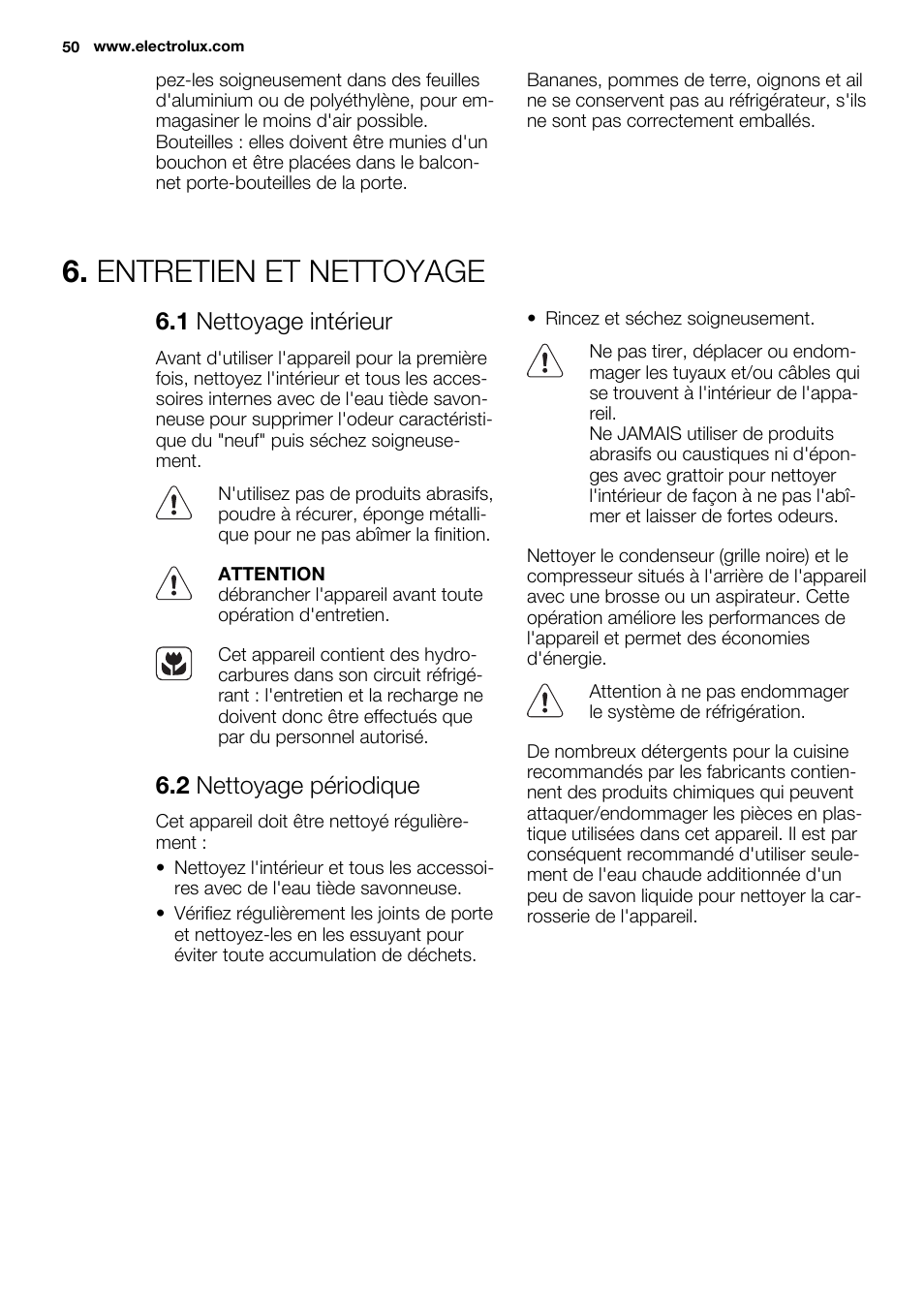 Entretien et nettoyage, 1 nettoyage intérieur, 2 nettoyage périodique | Electrolux ERF4112AOW User Manual | Page 50 / 80