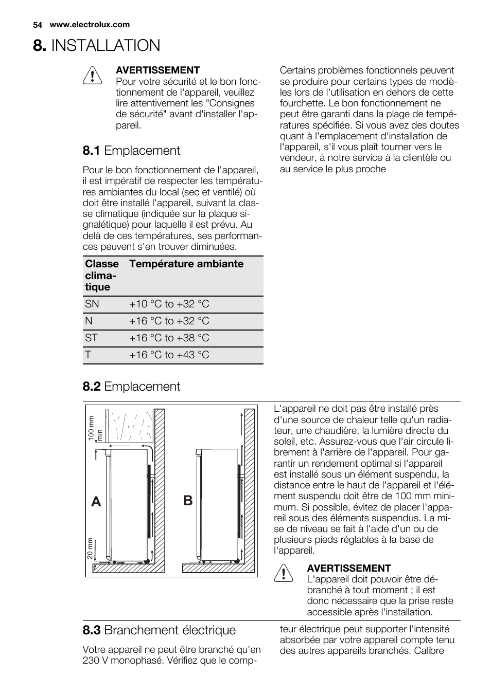 Installation, 1 emplacement, 2 emplacement | 3 branchement électrique | Electrolux ERF4112AOW User Manual | Page 54 / 80