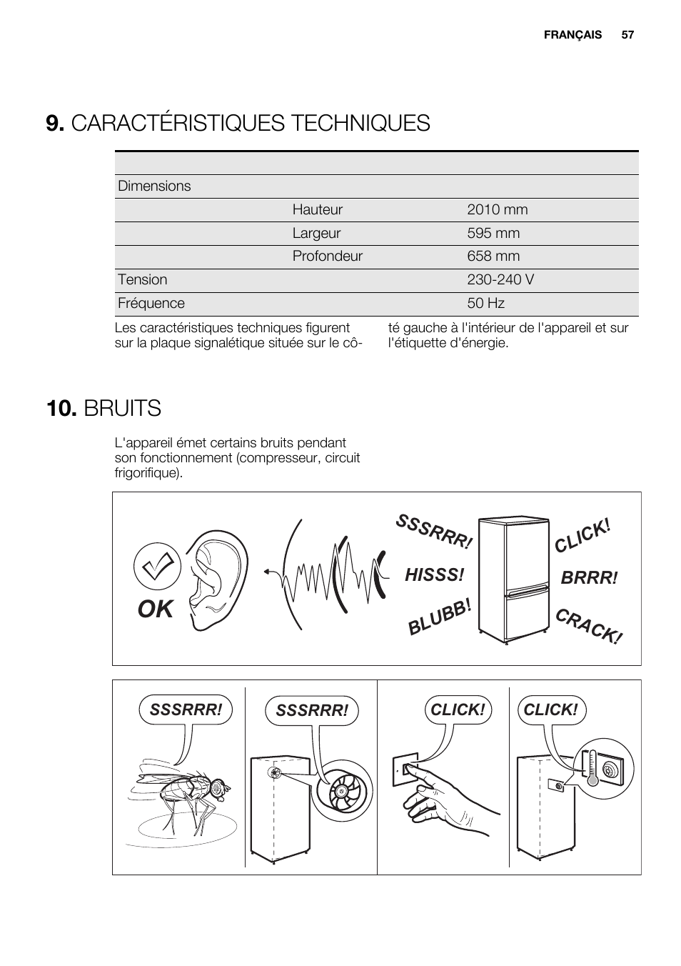 Caractéristiques techniques, Bruits | Electrolux ERF4112AOW User Manual | Page 57 / 80