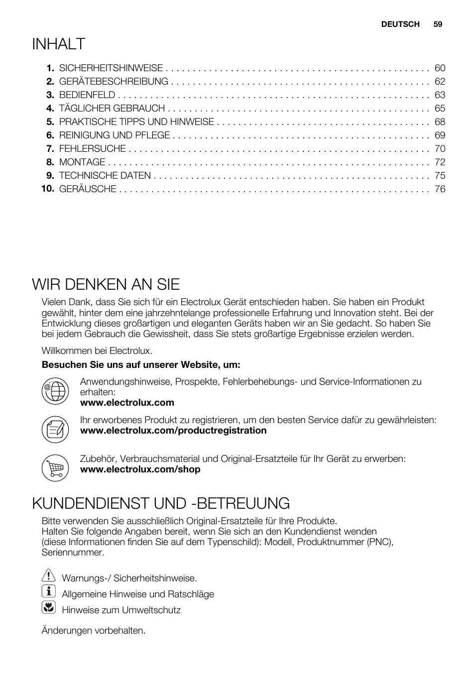 Inhalt, Wir denken an sie, Kundendienst und -betreuung | Electrolux ERF4112AOW User Manual | Page 59 / 80
