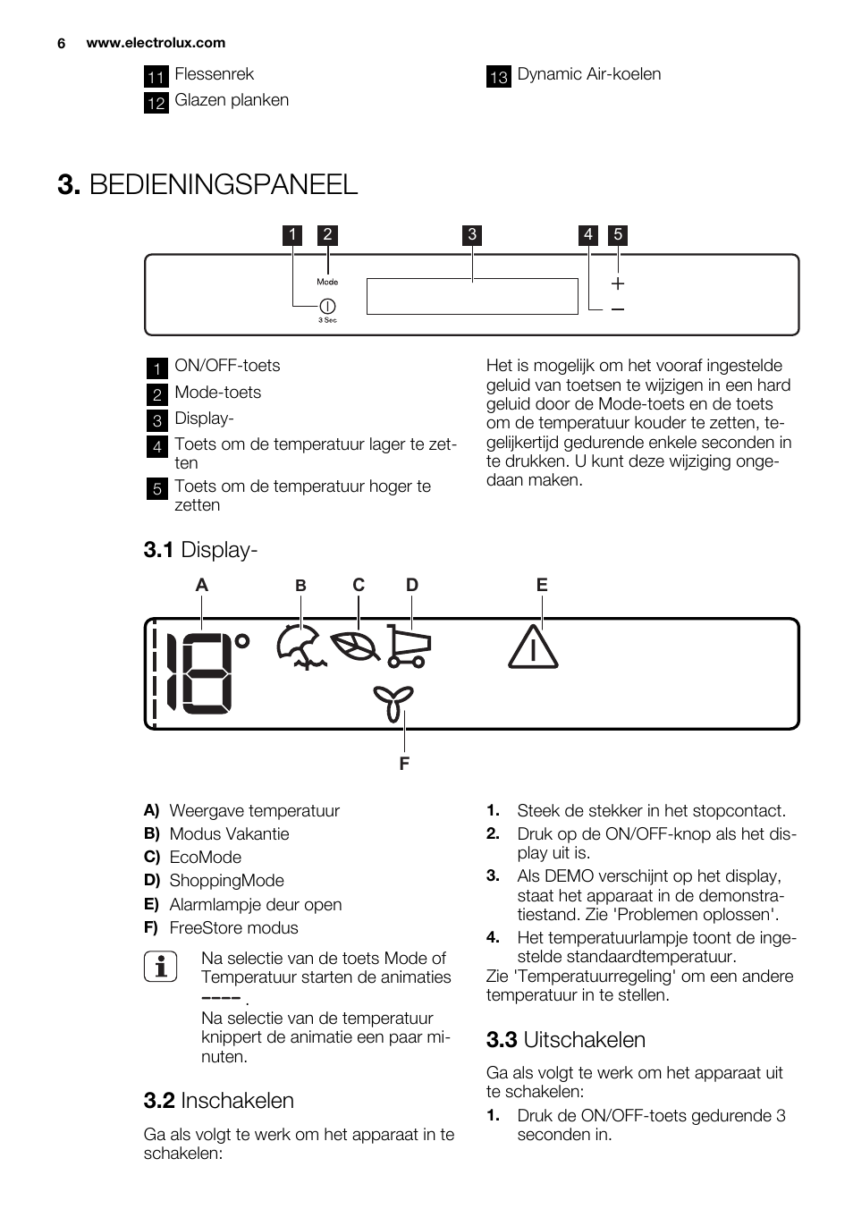 Bedieningspaneel, 1 display, 2 inschakelen | 3 uitschakelen | Electrolux ERF4112AOW User Manual | Page 6 / 80