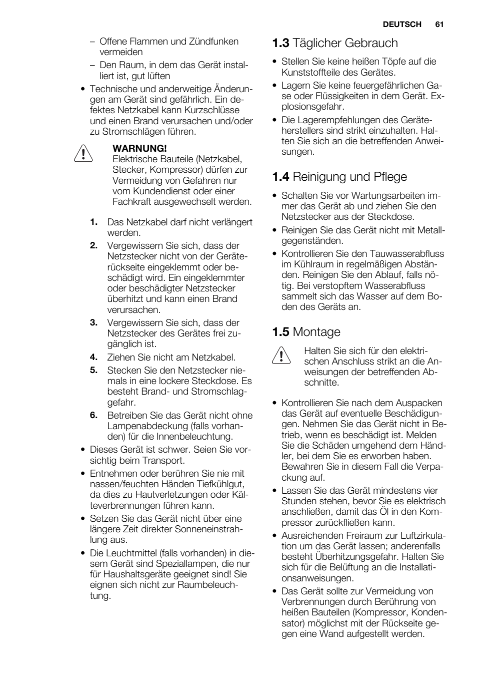 3 täglicher gebrauch, 4 reinigung und pflege, 5 montage | Electrolux ERF4112AOW User Manual | Page 61 / 80