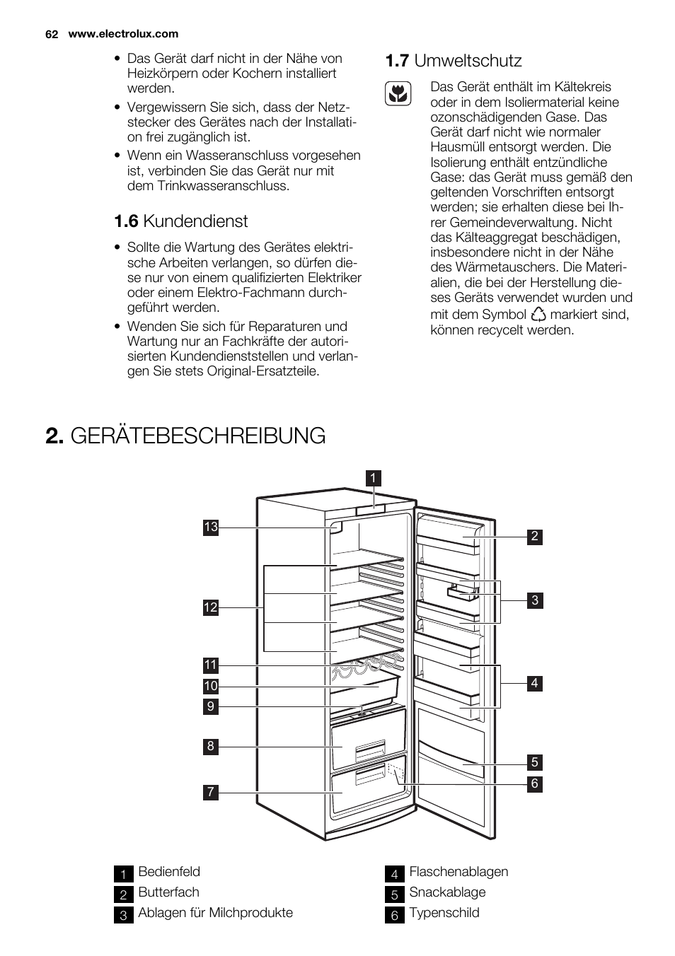 Gerätebeschreibung, 6 kundendienst, 7 umweltschutz | Electrolux ERF4112AOW User Manual | Page 62 / 80
