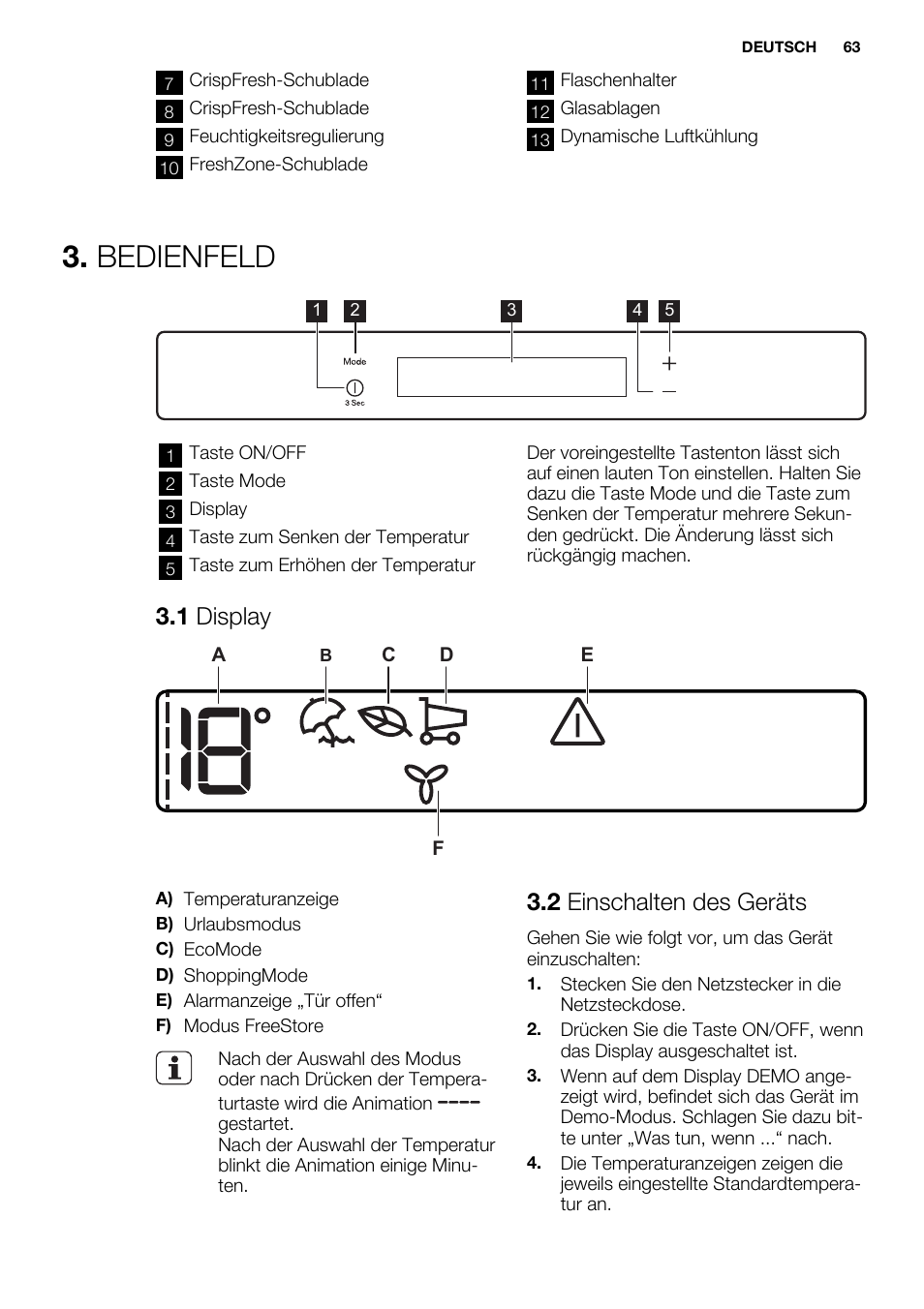 Bedienfeld, 1 display, 2 einschalten des geräts | Electrolux ERF4112AOW User Manual | Page 63 / 80