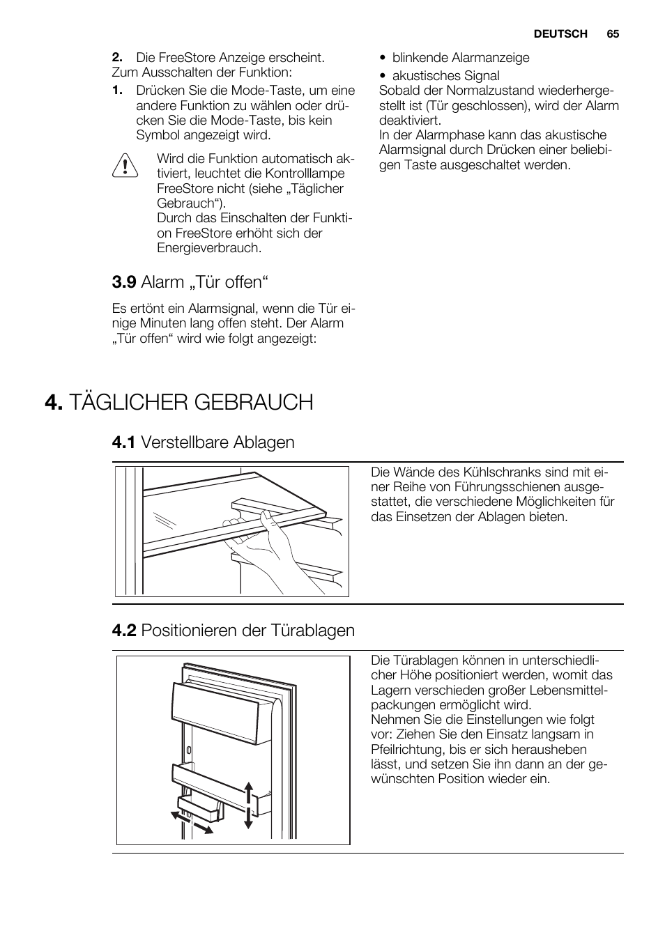 Täglicher gebrauch, 9 alarm „tür offen, 1 verstellbare ablagen | 2 positionieren der türablagen | Electrolux ERF4112AOW User Manual | Page 65 / 80