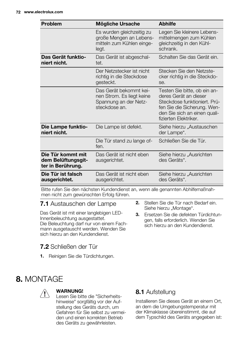 Montage, 1 austauschen der lampe, 2 schließen der tür | 1 aufstellung | Electrolux ERF4112AOW User Manual | Page 72 / 80