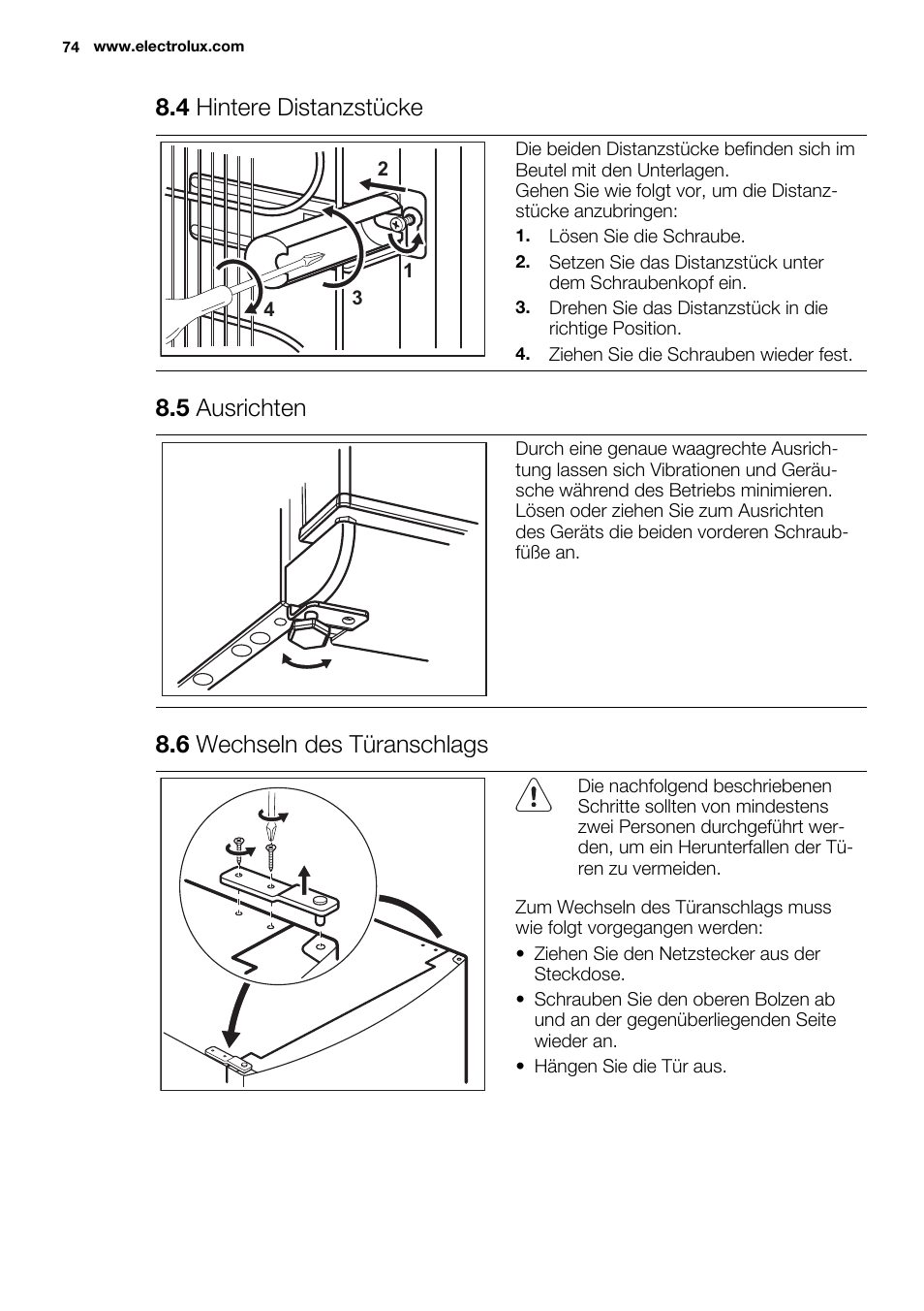 4 hintere distanzstücke, 5 ausrichten, 6 wechseln des türanschlags | Electrolux ERF4112AOW User Manual | Page 74 / 80