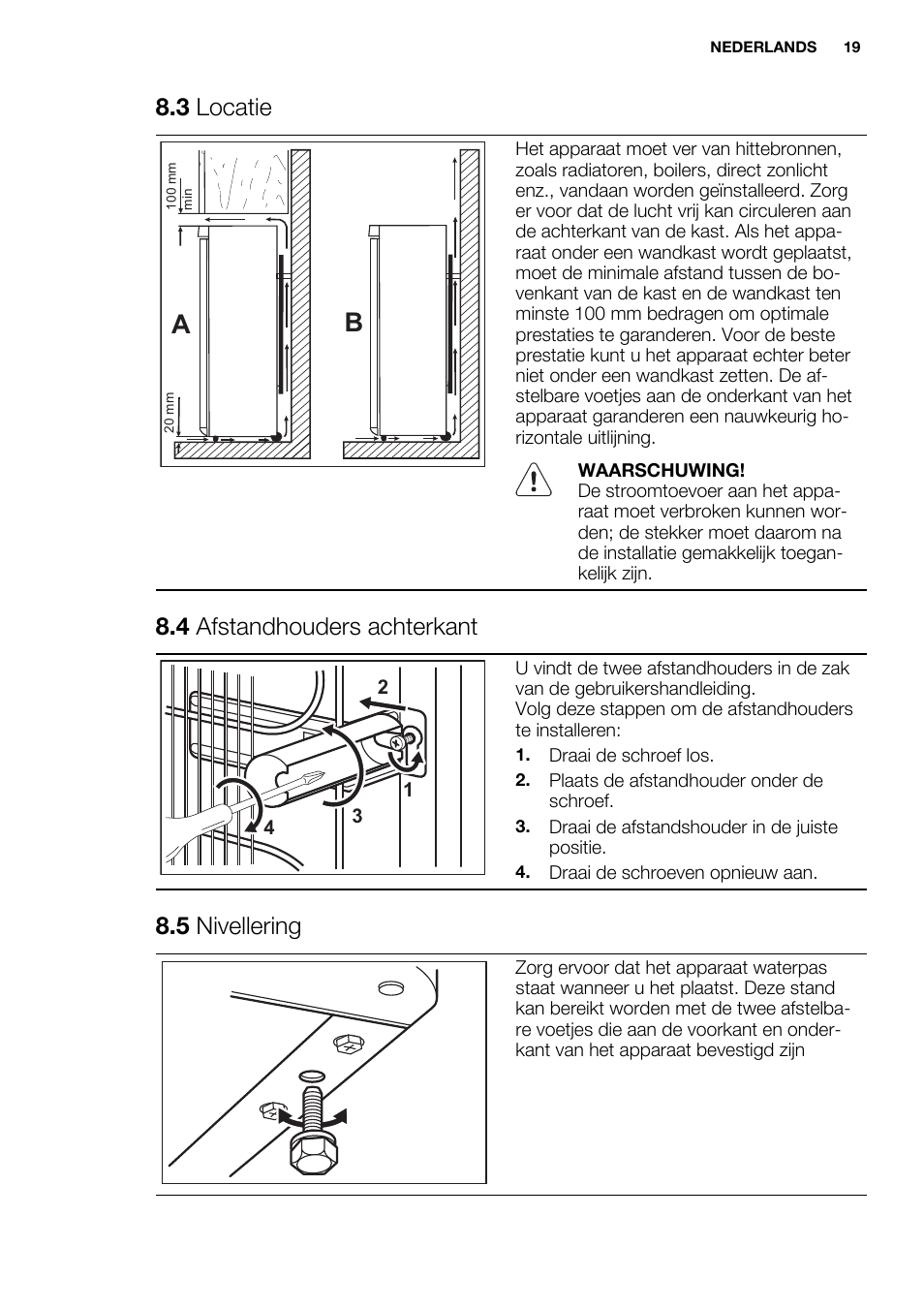 3 locatie, 4 afstandhouders achterkant, 5 nivellering | Electrolux EN3480AOW User Manual | Page 19 / 96