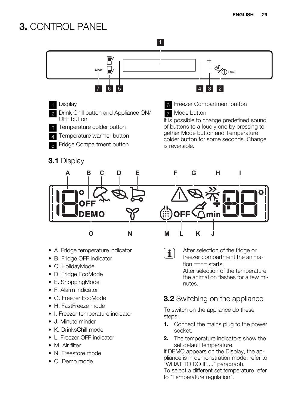 Control panel, 1 display, 2 switching on the appliance | Electrolux EN3480AOW User Manual | Page 29 / 96