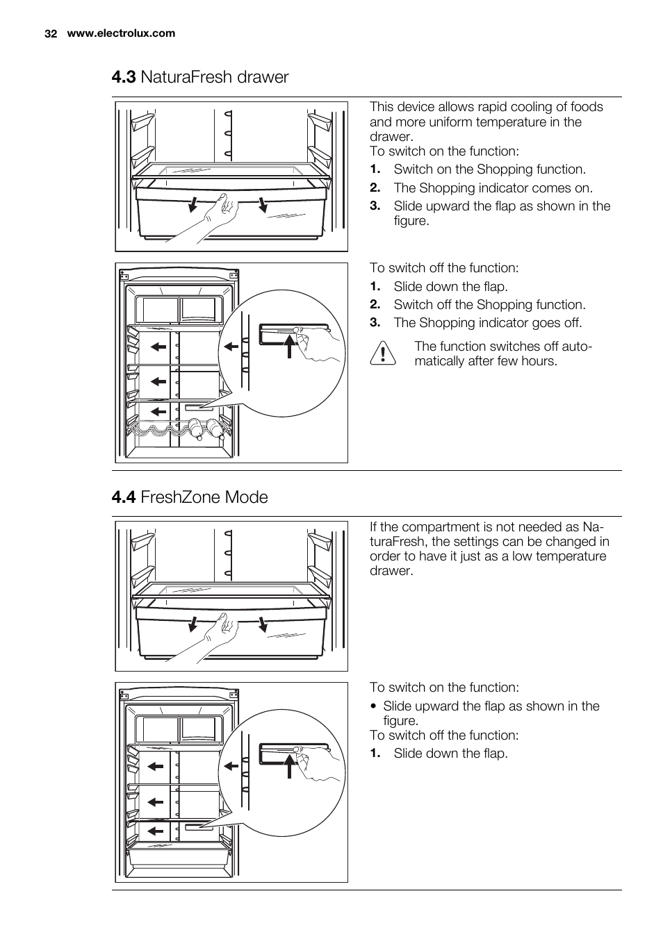 3 naturafresh drawer, 4 freshzone mode | Electrolux EN3480AOW User Manual | Page 32 / 96