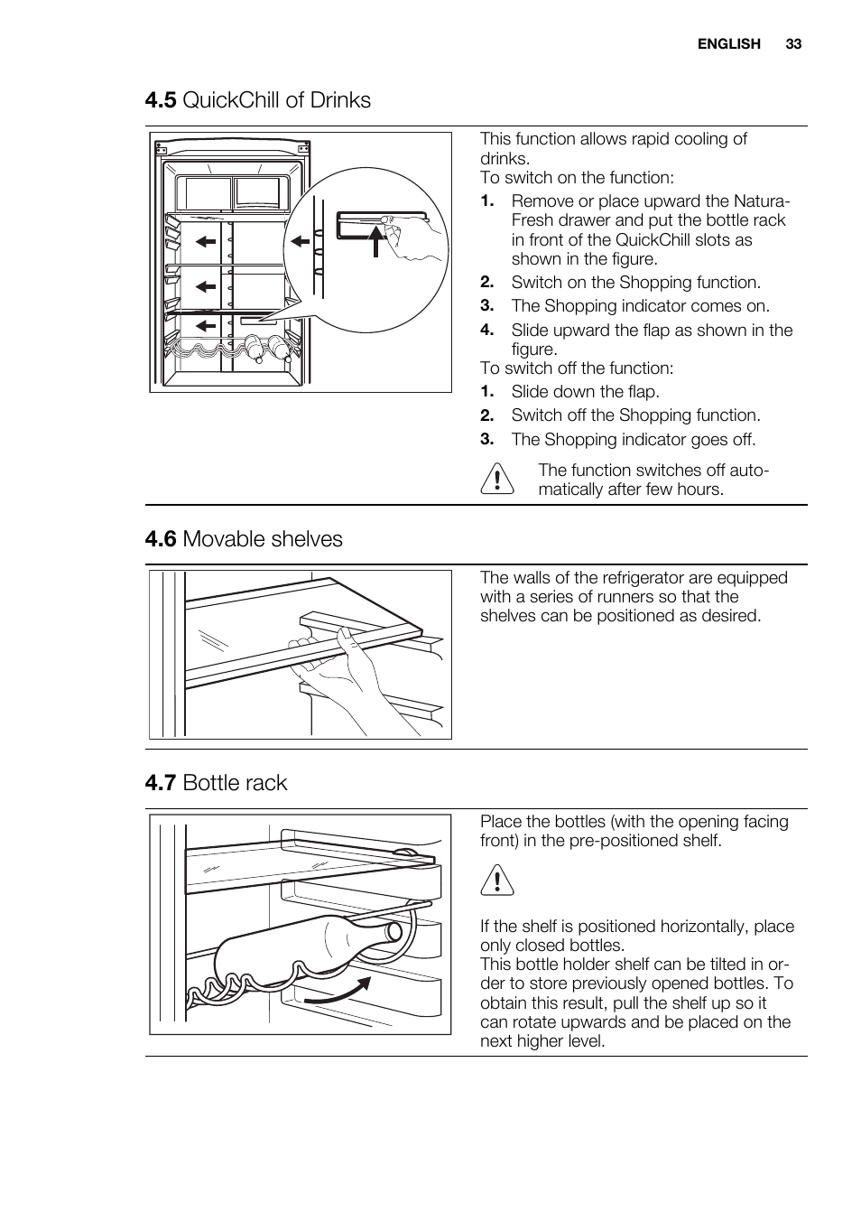 5 quickchill of drinks, 6 movable shelves, 7 bottle rack | Electrolux EN3480AOW User Manual | Page 33 / 96