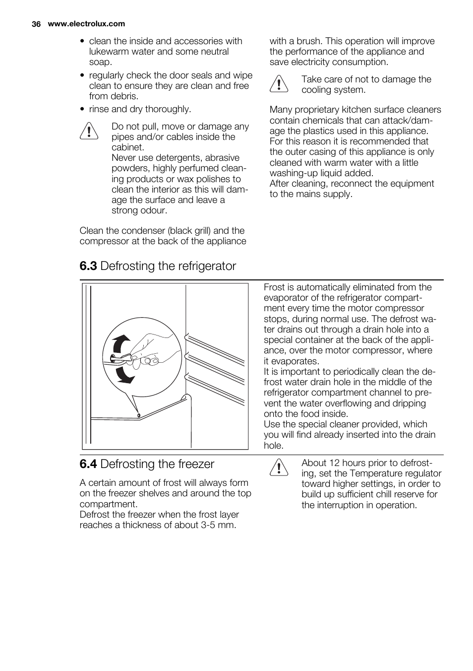 3 defrosting the refrigerator, 4 defrosting the freezer | Electrolux EN3480AOW User Manual | Page 36 / 96