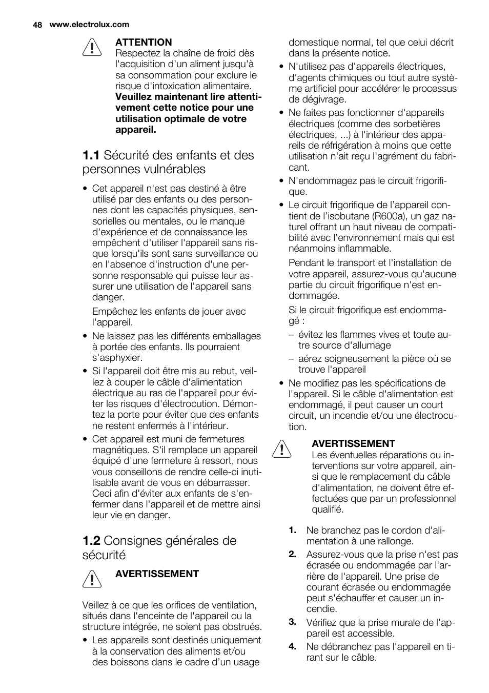 2 consignes générales de sécurité | Electrolux EN3480AOW User Manual | Page 48 / 96