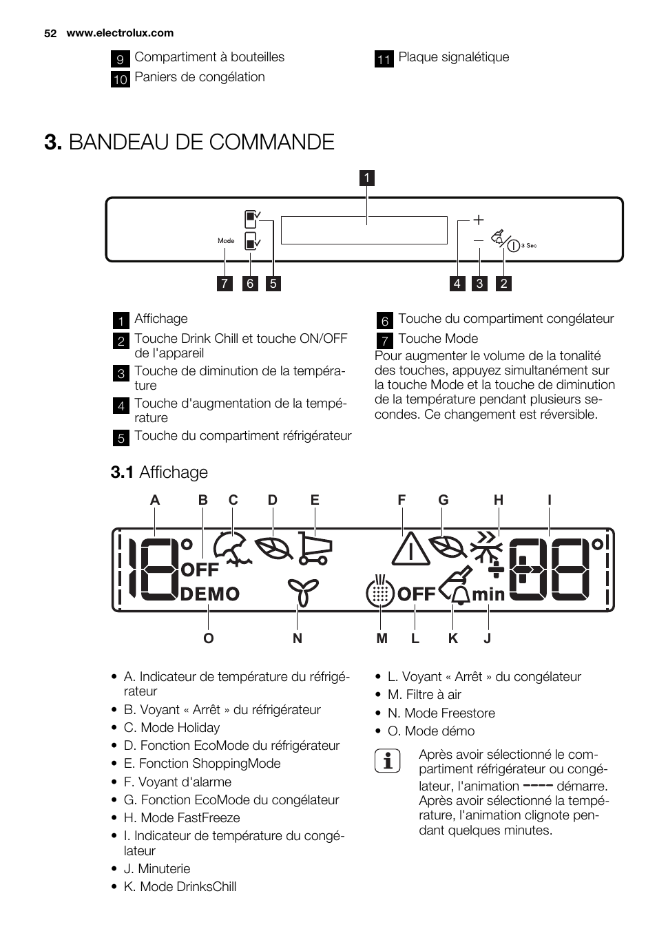 Bandeau de commande, 1 affichage | Electrolux EN3480AOW User Manual | Page 52 / 96