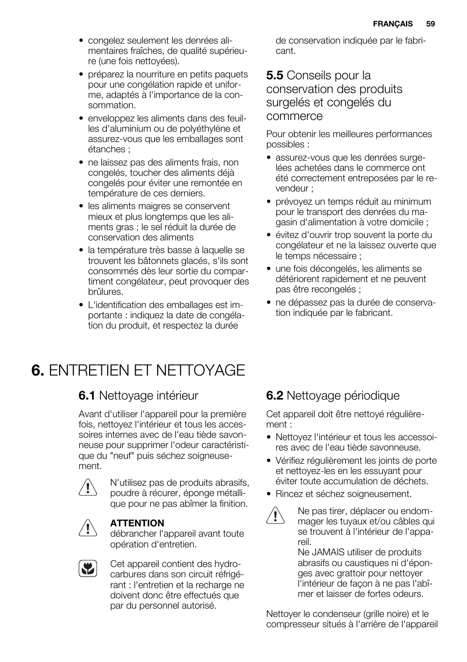 Entretien et nettoyage, 1 nettoyage intérieur, 2 nettoyage périodique | Electrolux EN3480AOW User Manual | Page 59 / 96