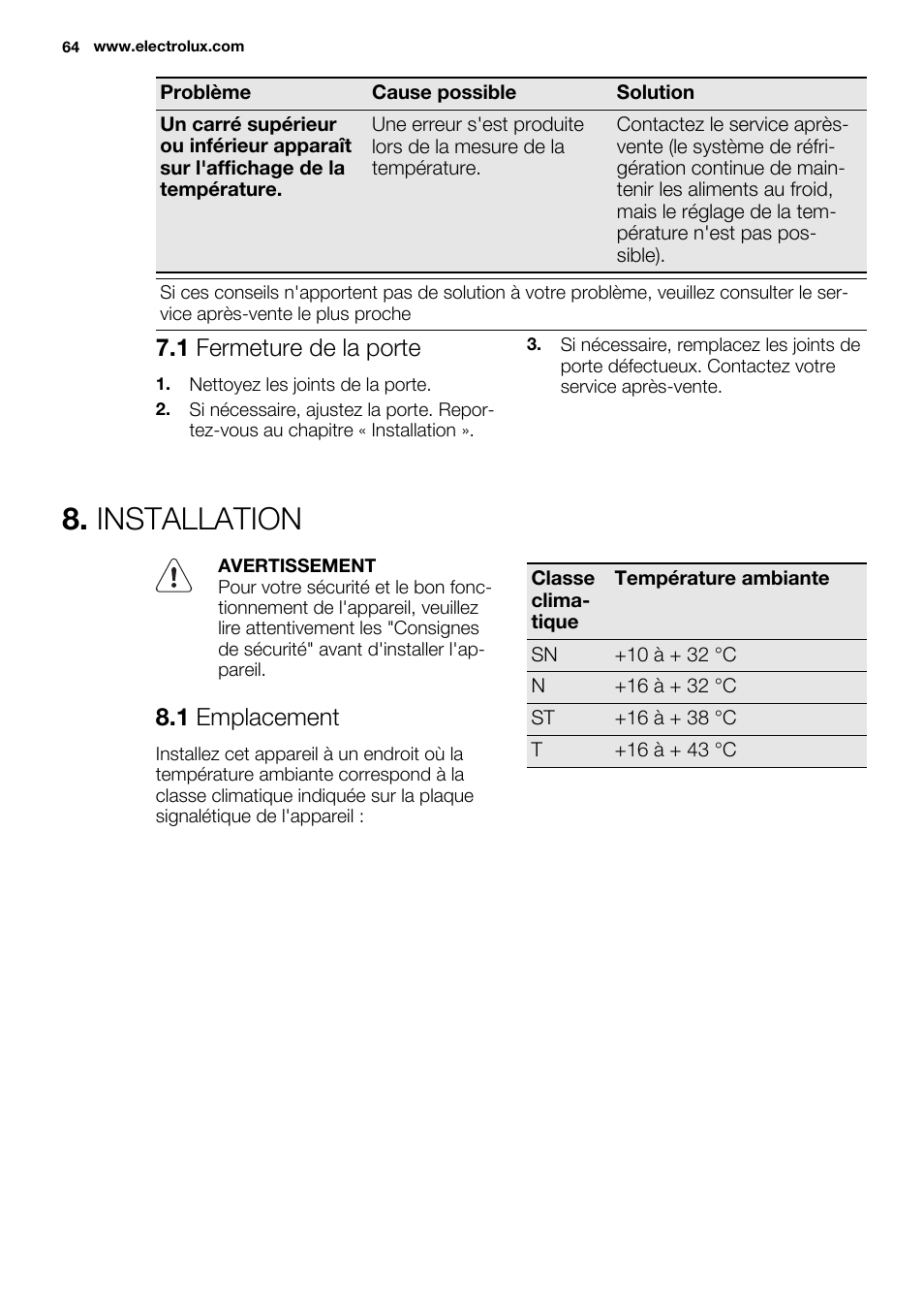 Installation, 1 fermeture de la porte, 1 emplacement | Electrolux EN3480AOW User Manual | Page 64 / 96