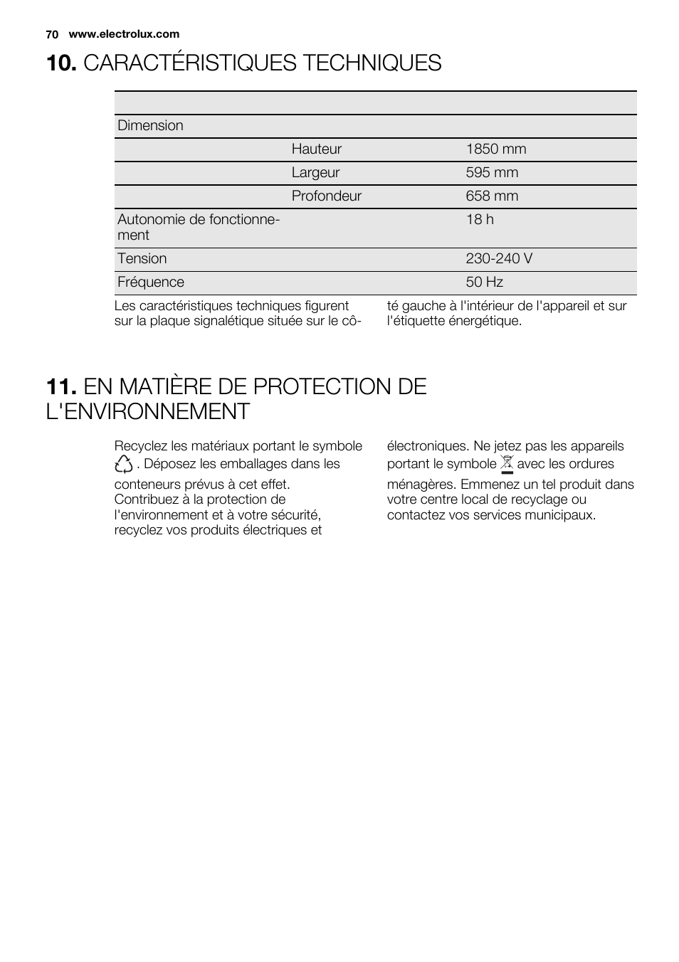 Caractéristiques techniques, En matière de protection de l'environnement | Electrolux EN3480AOW User Manual | Page 70 / 96