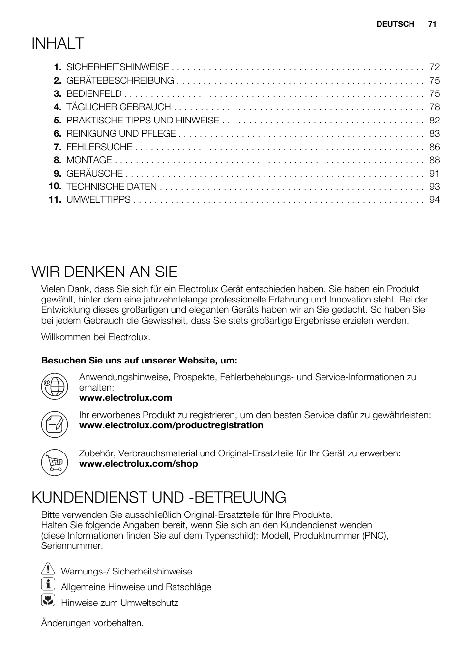 Inhalt, Wir denken an sie, Kundendienst und -betreuung | Electrolux EN3480AOW User Manual | Page 71 / 96