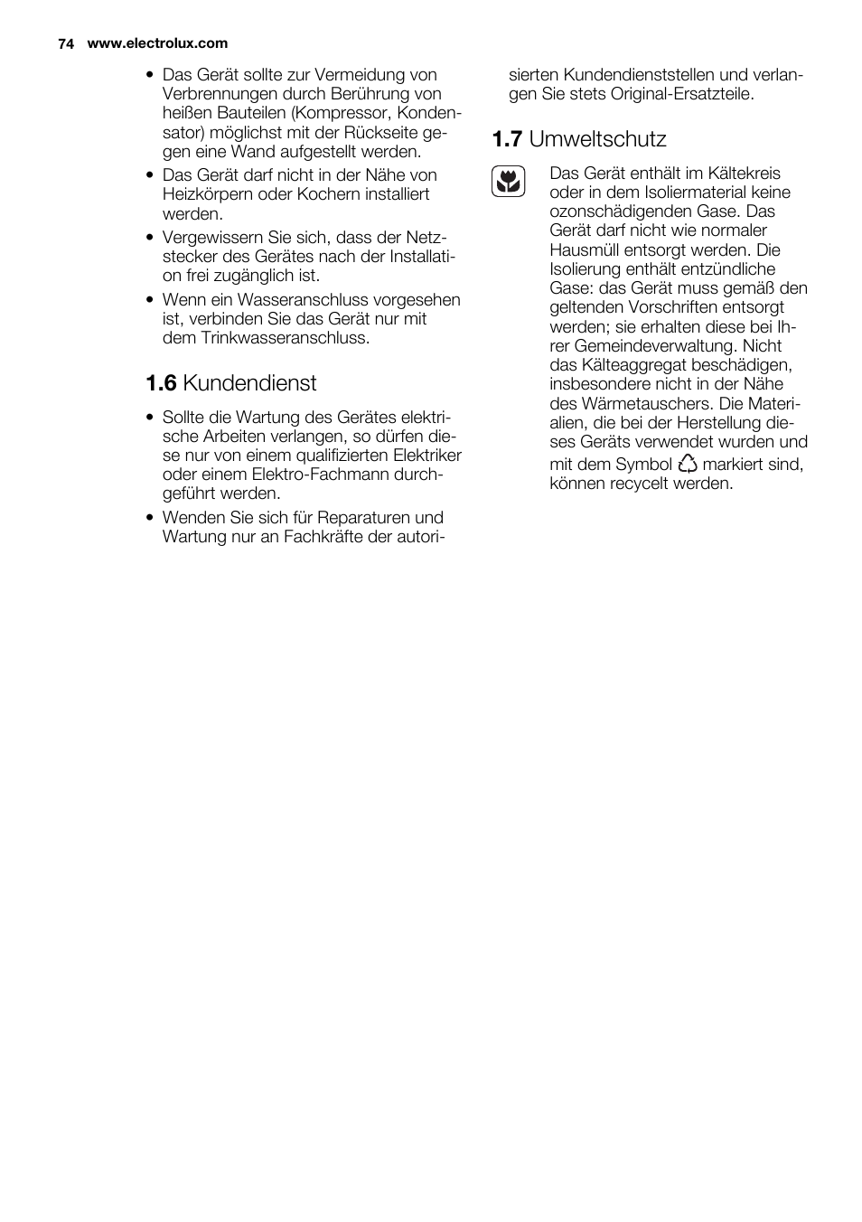 6 kundendienst, 7 umweltschutz | Electrolux EN3480AOW User Manual | Page 74 / 96