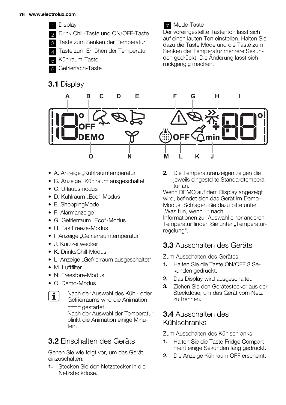 1 display, 2 einschalten des geräts, 3 ausschalten des geräts | 4 ausschalten des kühlschranks | Electrolux EN3480AOW User Manual | Page 76 / 96