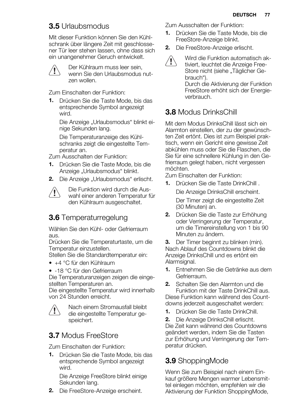5 urlaubsmodus, 6 temperaturregelung, 7 modus freestore | 8 modus drinkschill, 9 shoppingmode | Electrolux EN3480AOW User Manual | Page 77 / 96