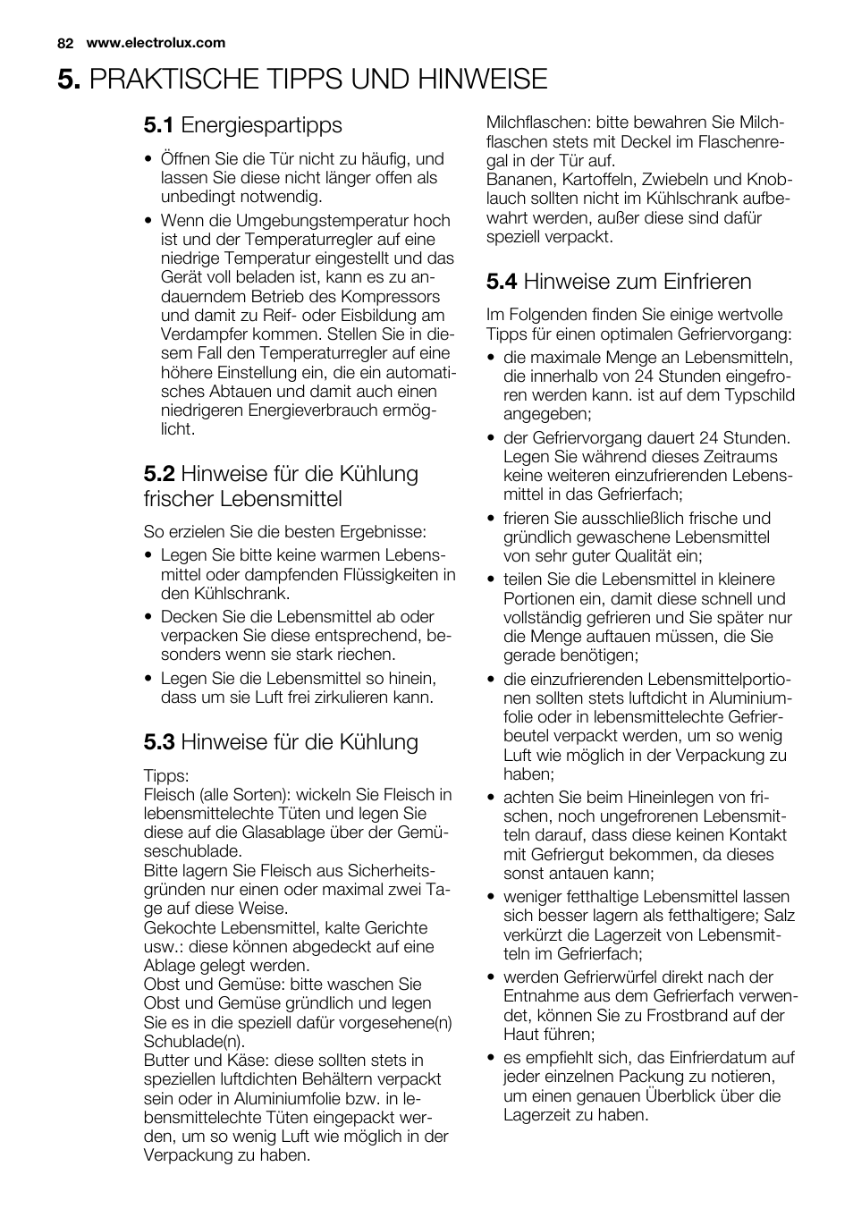 Praktische tipps und hinweise, 1 energiespartipps, 2 hinweise für die kühlung frischer lebensmittel | 3 hinweise für die kühlung, 4 hinweise zum einfrieren | Electrolux EN3480AOW User Manual | Page 82 / 96