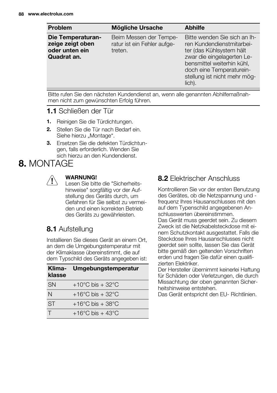 Montage, 1 schließen der tür, 1 aufstellung | 2 elektrischer anschluss | Electrolux EN3480AOW User Manual | Page 88 / 96