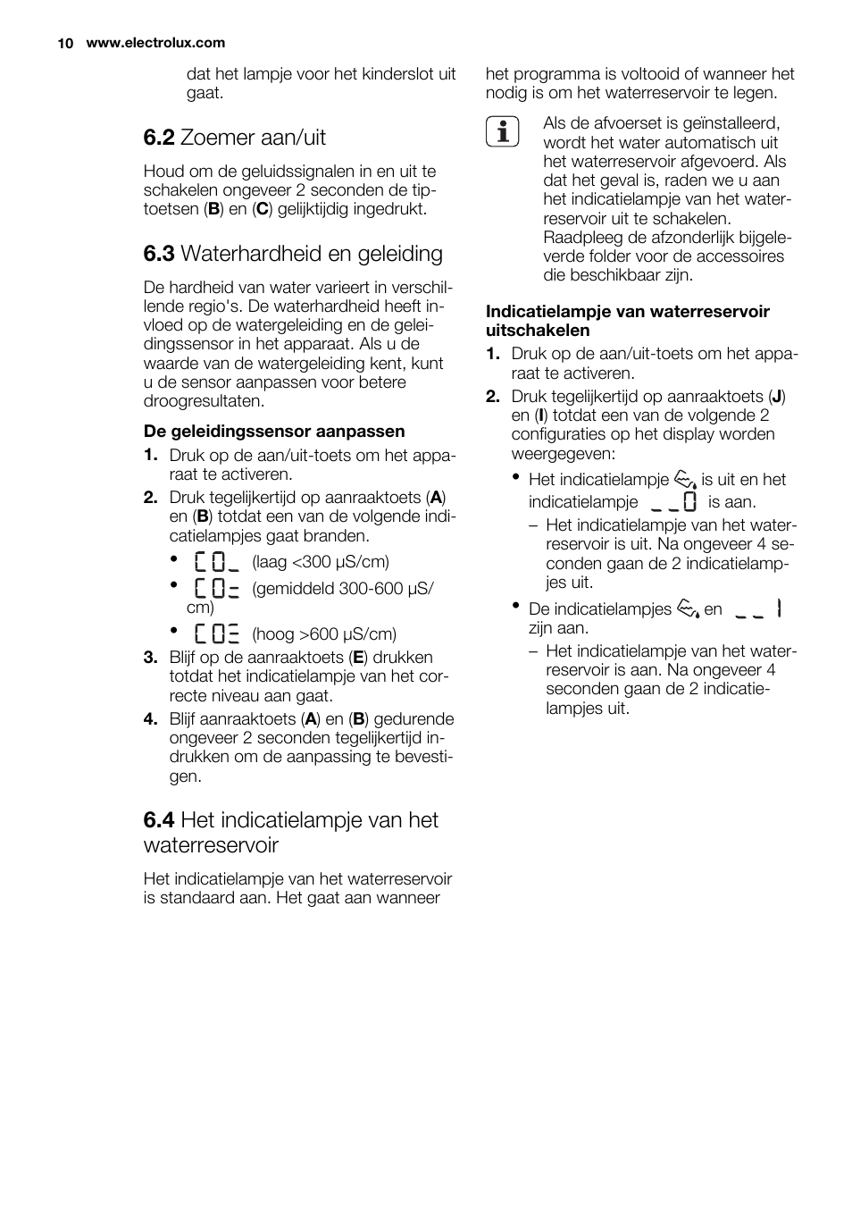 2 zoemer aan/uit, 3 waterhardheid en geleiding, 4 het indicatielampje van het waterreservoir | Electrolux EDH3497RDW User Manual | Page 10 / 68