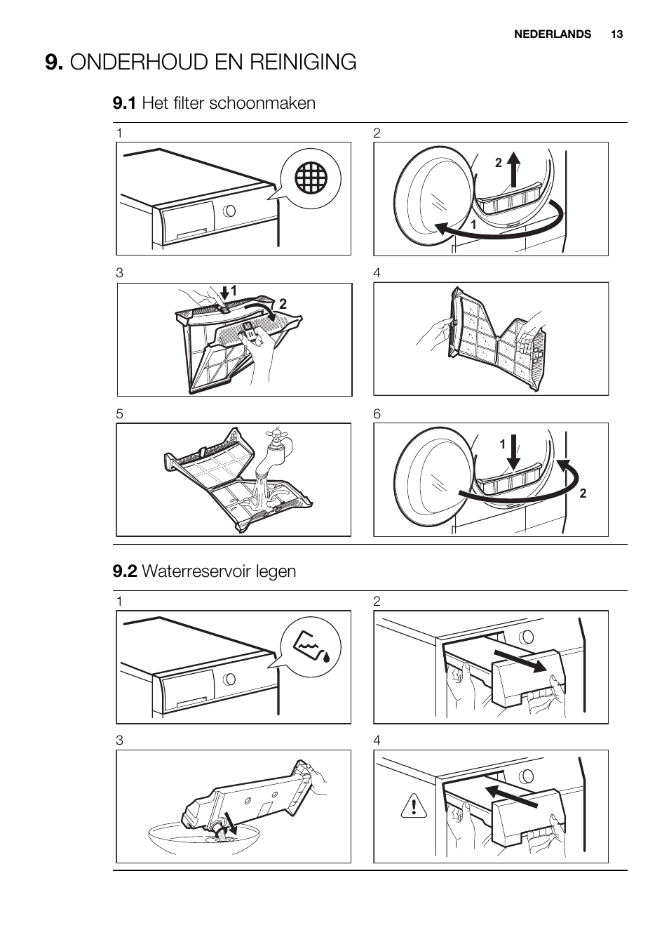 Onderhoud en reiniging, 1 het filter schoonmaken, 2 waterreservoir legen | Electrolux EDH3497RDW User Manual | Page 13 / 68