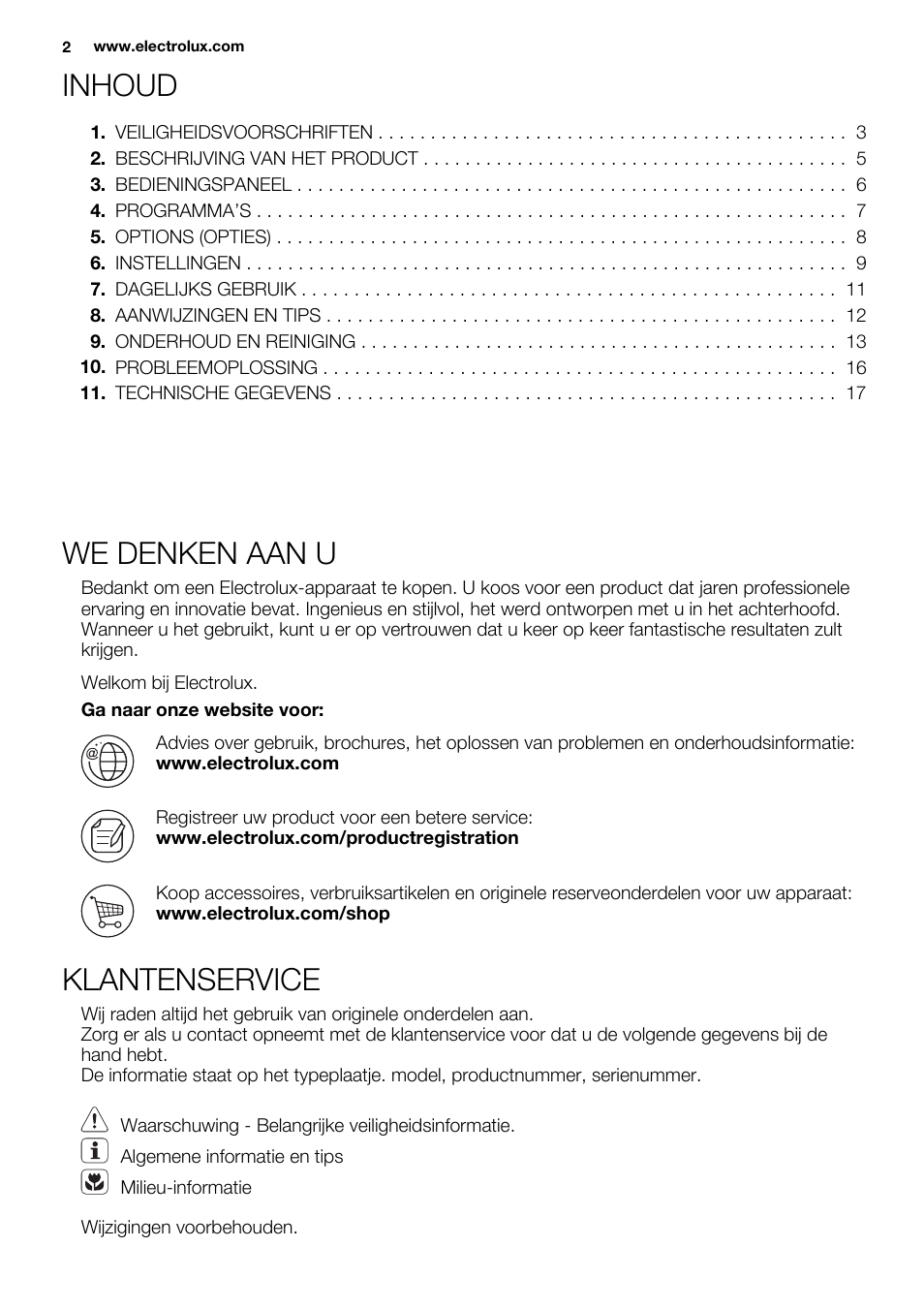 Inhoud, We denken aan u, Klantenservice | Electrolux EDH3497RDW User Manual | Page 2 / 68