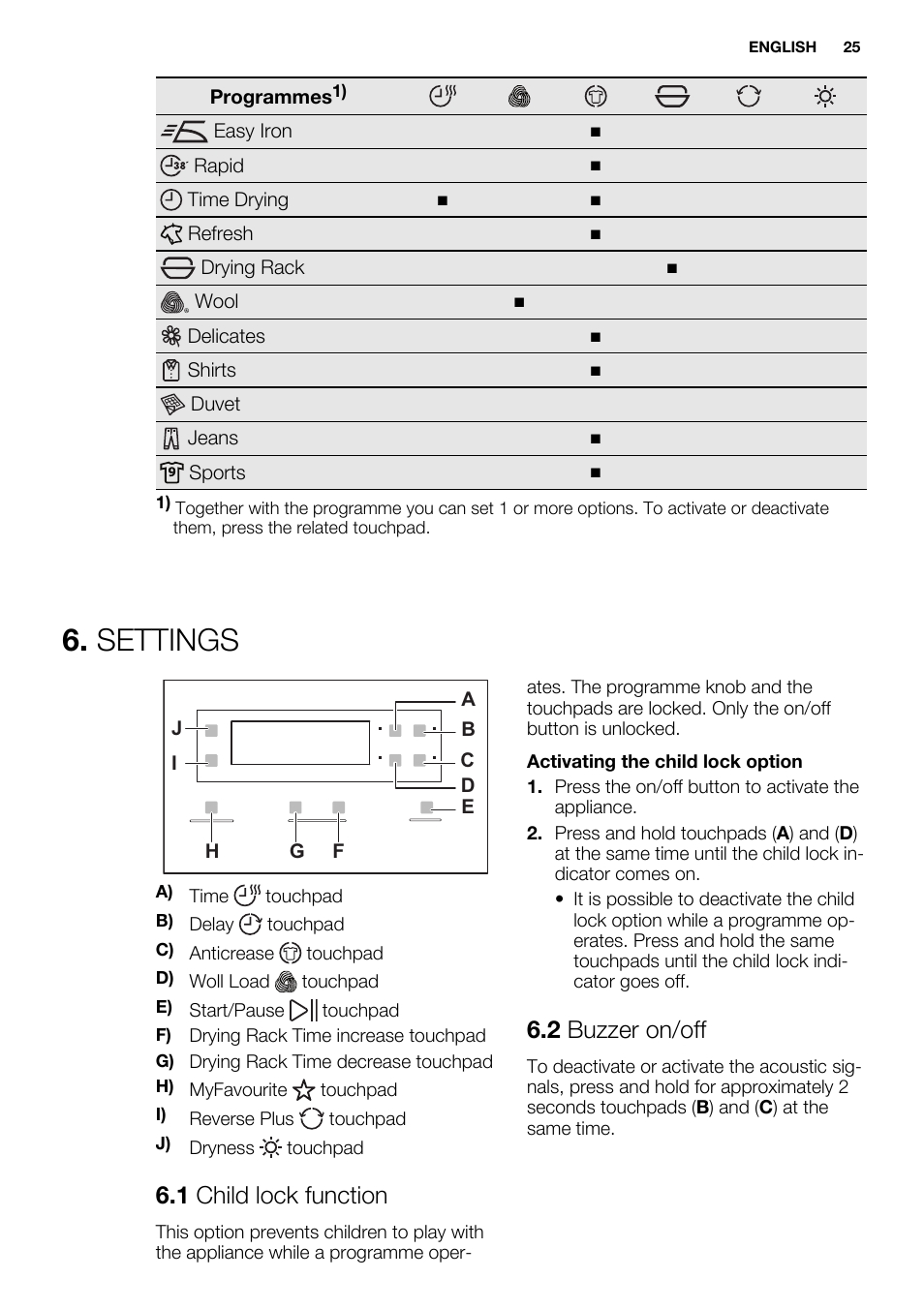 Settings, 1 child lock function, 2 buzzer on/off | Electrolux EDH3497RDW User Manual | Page 25 / 68