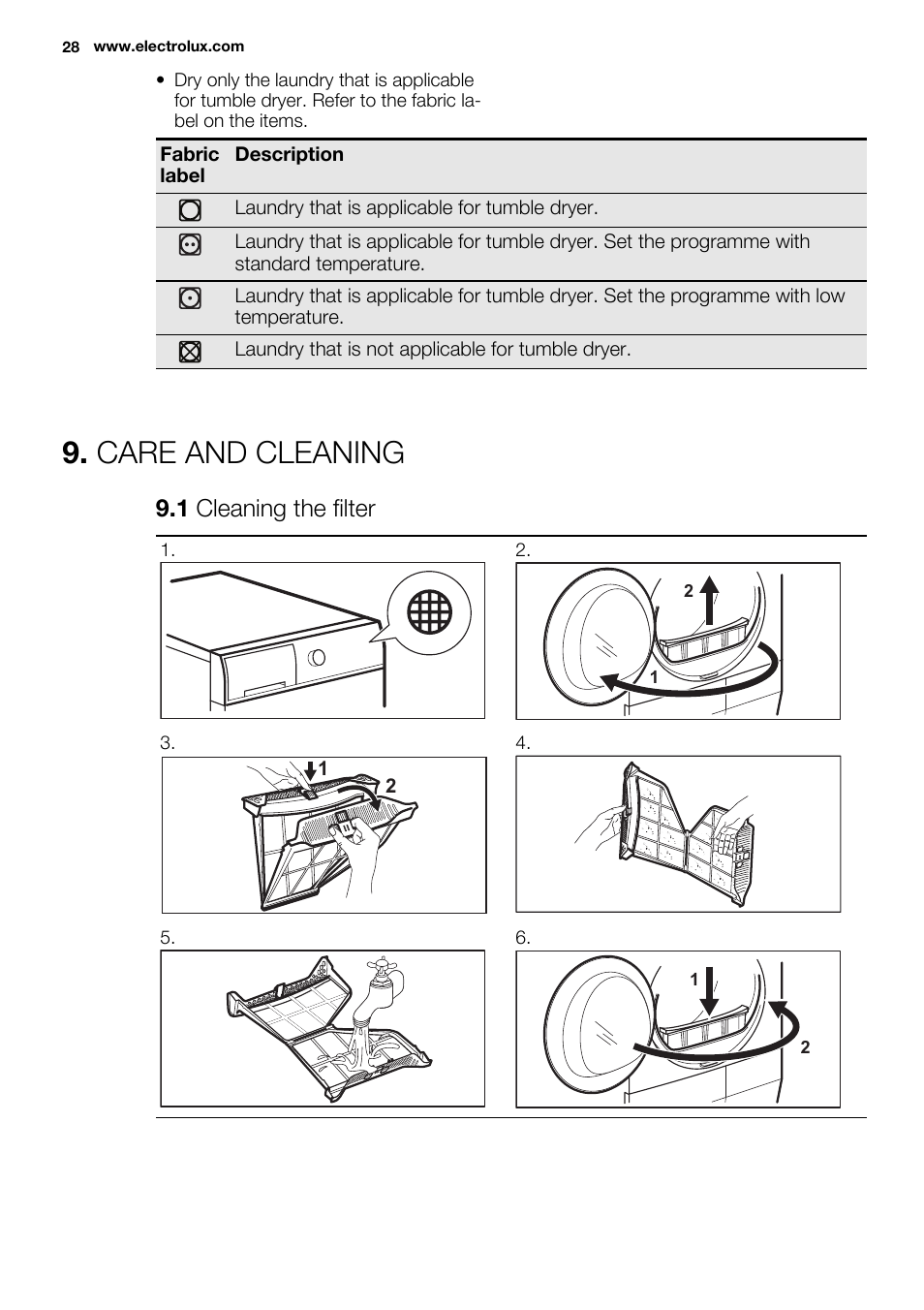 Care and cleaning, 1 cleaning the filter | Electrolux EDH3497RDW User Manual | Page 28 / 68