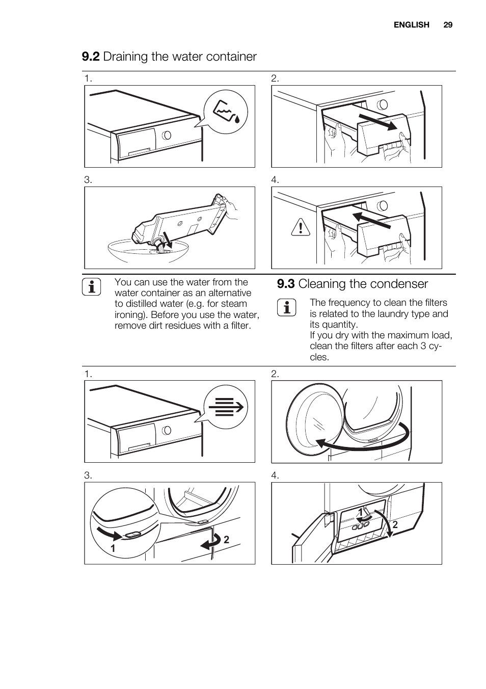 2 draining the water container, 3 cleaning the condenser | Electrolux EDH3497RDW User Manual | Page 29 / 68