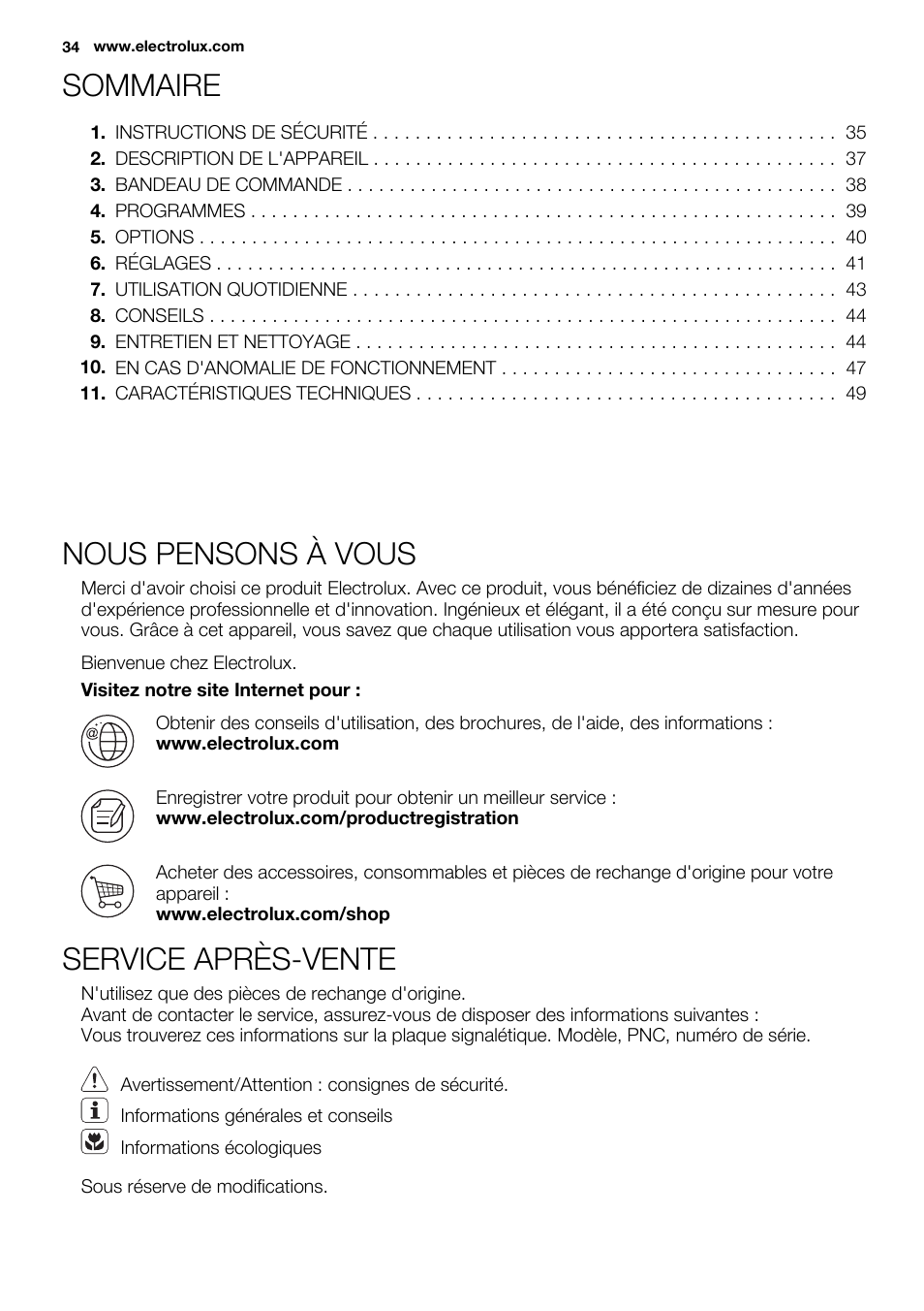 Sommaire, Nous pensons à vous, Service après-vente | Electrolux EDH3497RDW User Manual | Page 34 / 68
