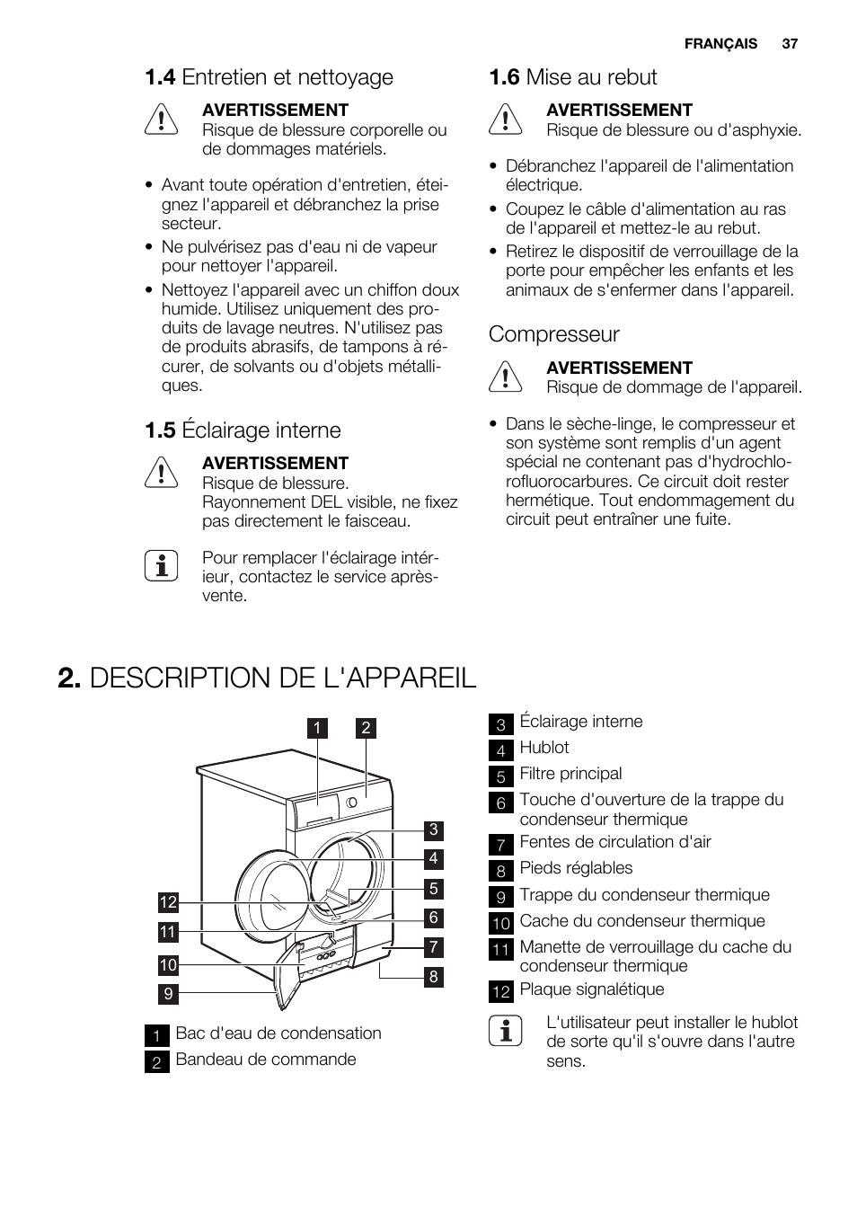 Description de l'appareil, 4 entretien et nettoyage, 5 éclairage interne | 6 mise au rebut, Compresseur | Electrolux EDH3497RDW User Manual | Page 37 / 68