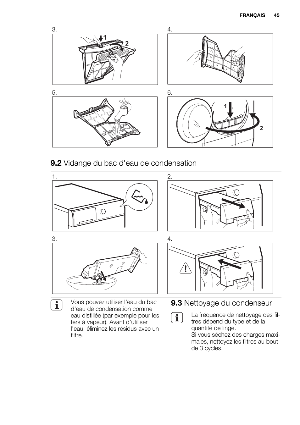 2 vidange du bac d'eau de condensation, 3 nettoyage du condenseur | Electrolux EDH3497RDW User Manual | Page 45 / 68