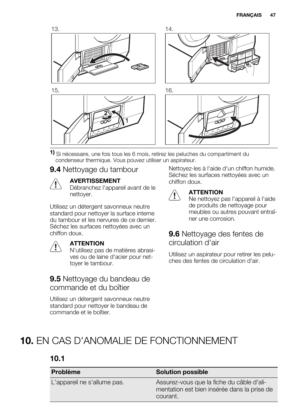 En cas d'anomalie de fonctionnement, 4 nettoyage du tambour, 5 nettoyage du bandeau de commande et du boîtier | 6 nettoyage des fentes de circulation d'air | Electrolux EDH3497RDW User Manual | Page 47 / 68