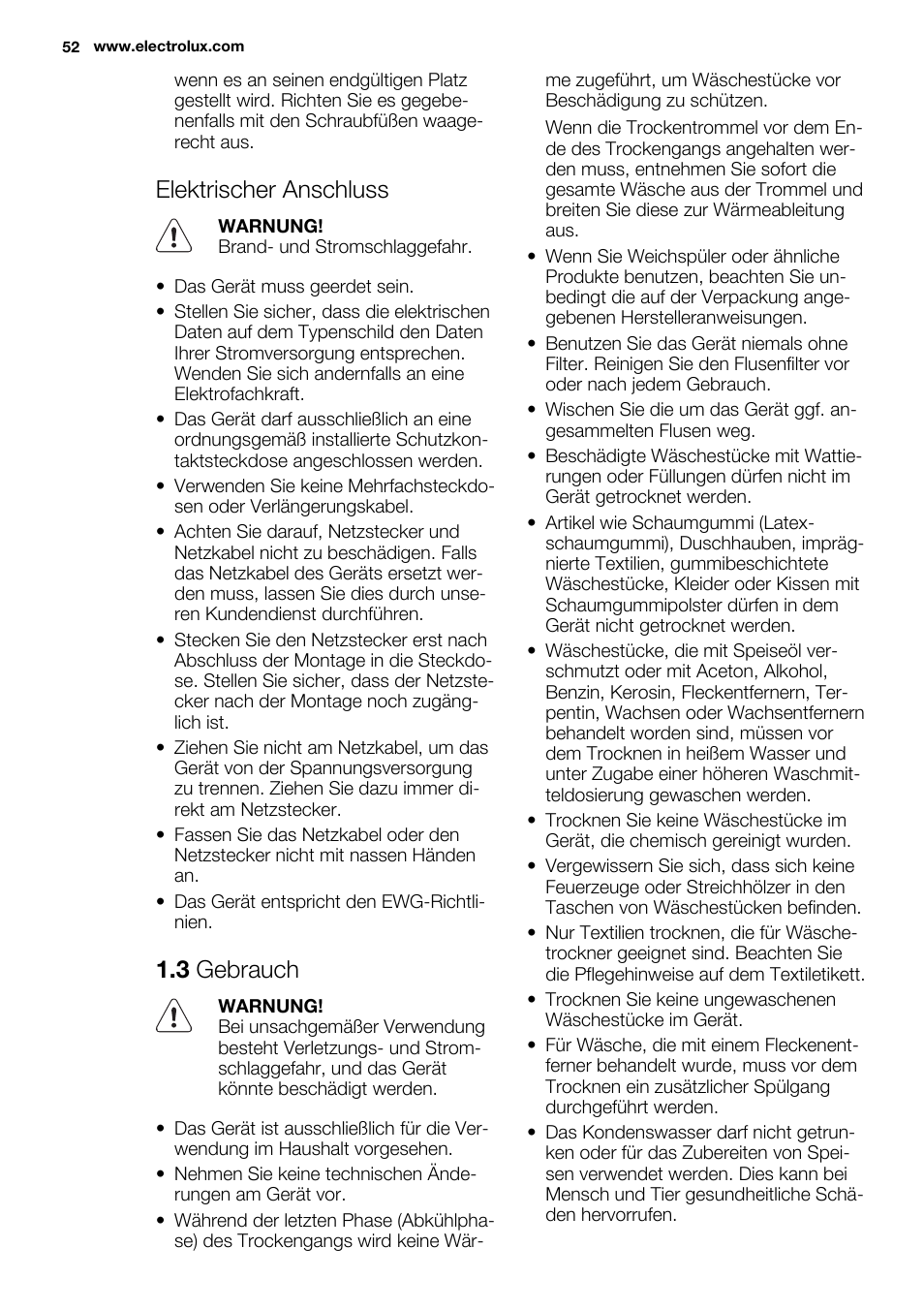 Elektrischer anschluss, 3 gebrauch | Electrolux EDH3497RDW User Manual | Page 52 / 68