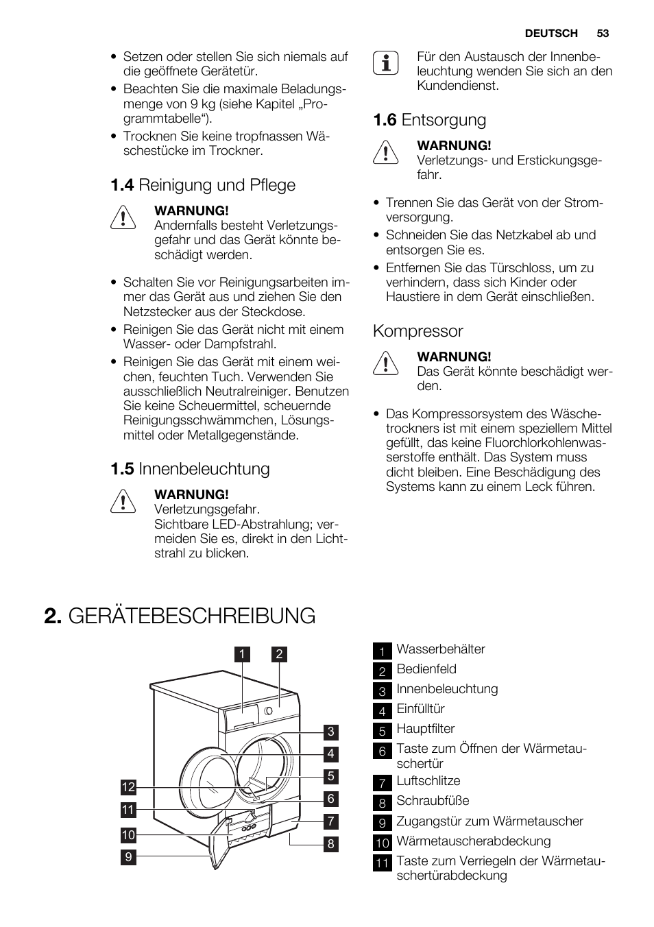 Gerätebeschreibung, 4 reinigung und pflege, 5 innenbeleuchtung | 6 entsorgung, Kompressor | Electrolux EDH3497RDW User Manual | Page 53 / 68