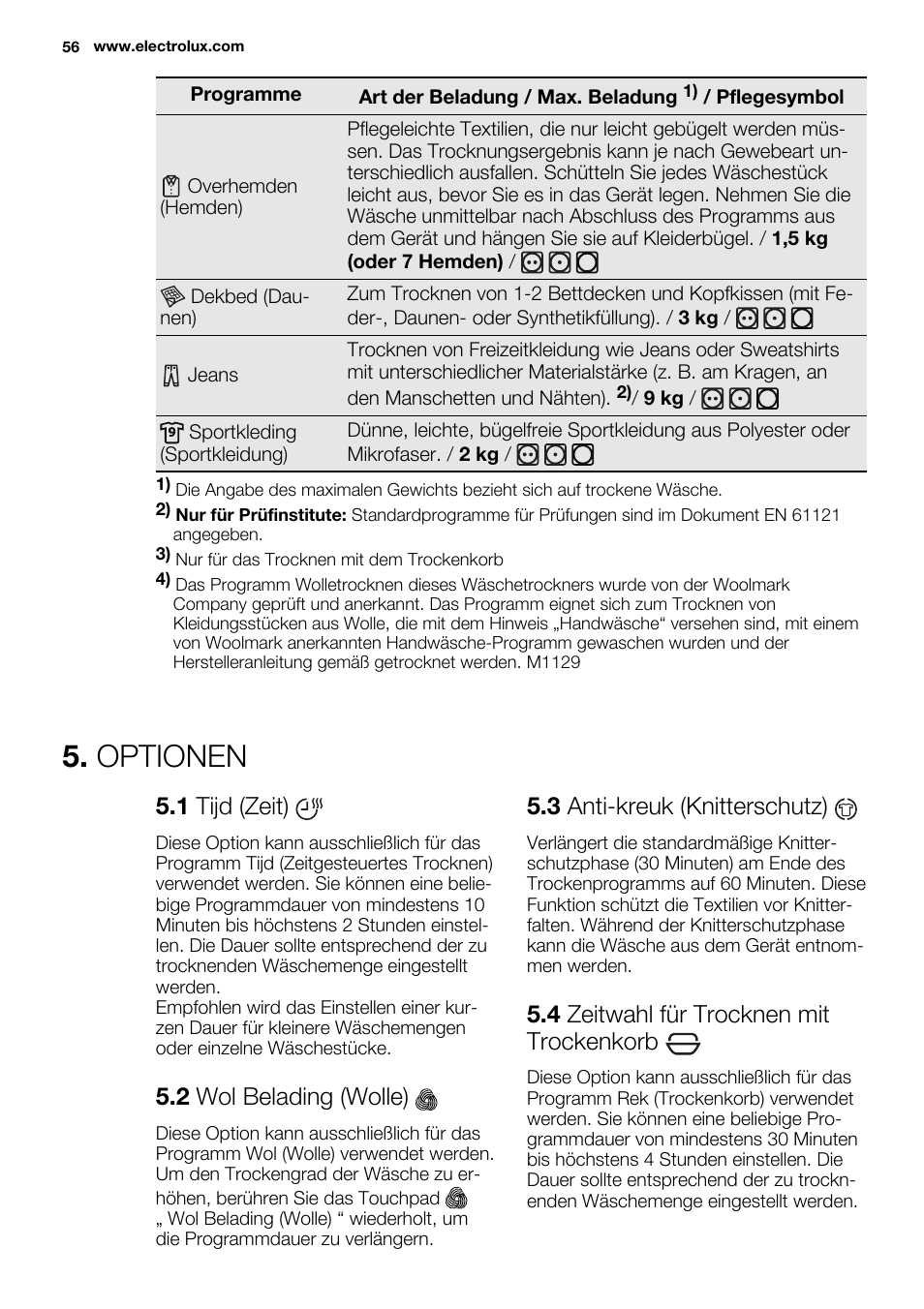 Optionen, 1 tijd (zeit), 2 wol belading (wolle) | 3 anti-kreuk (knitterschutz), 4 zeitwahl für trocknen mit trockenkorb | Electrolux EDH3497RDW User Manual | Page 56 / 68