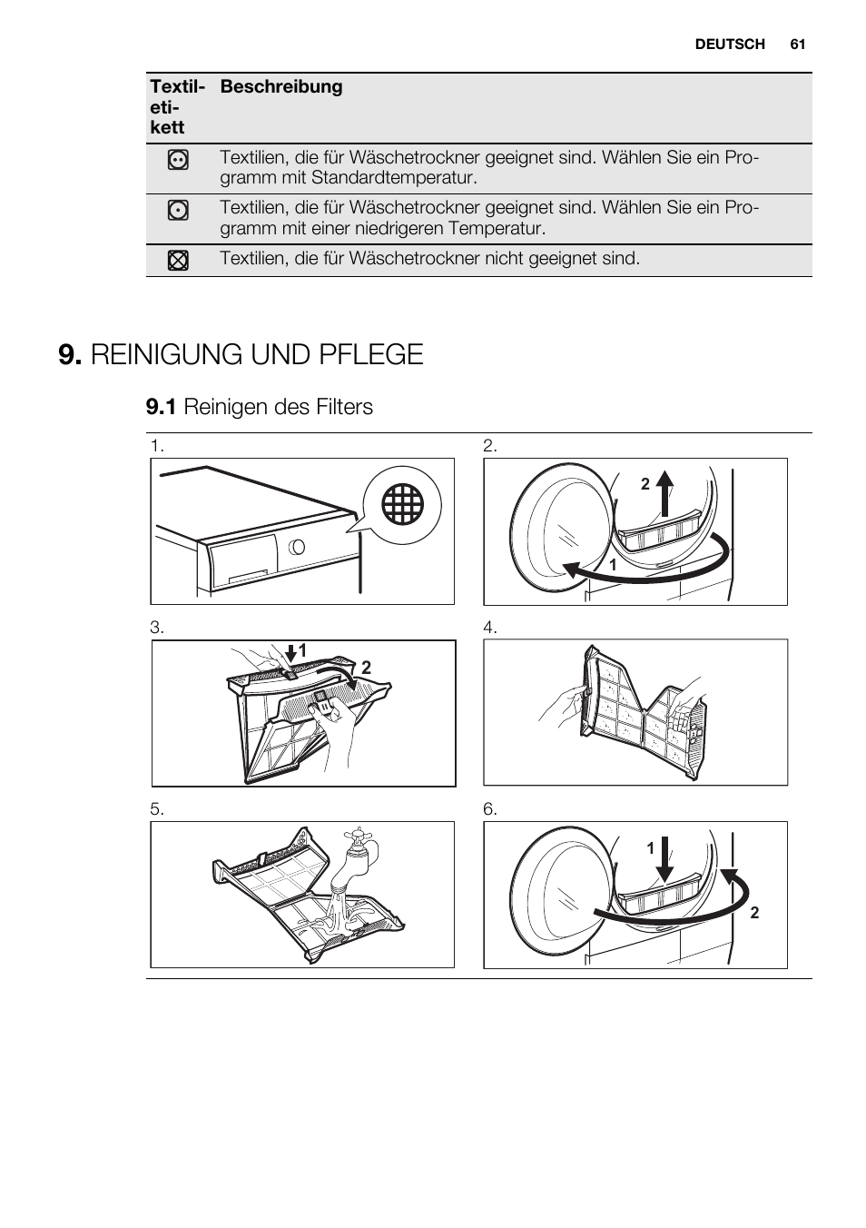 Reinigung und pflege, 1 reinigen des filters | Electrolux EDH3497RDW User Manual | Page 61 / 68