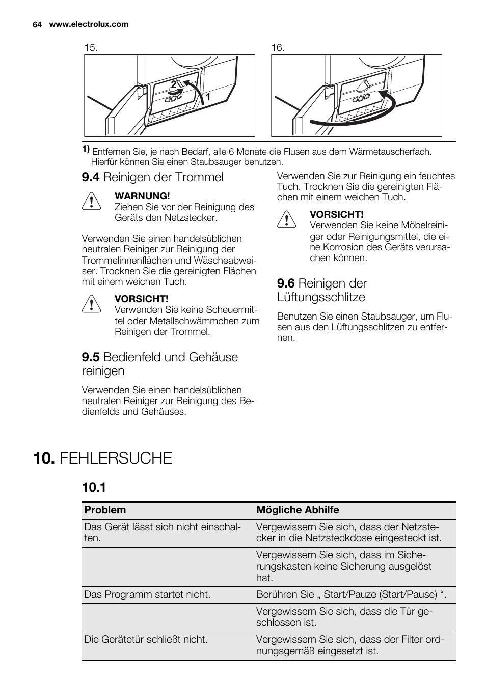Fehlersuche, 4 reinigen der trommel, 5 bedienfeld und gehäuse reinigen | 6 reinigen der lüftungsschlitze | Electrolux EDH3497RDW User Manual | Page 64 / 68